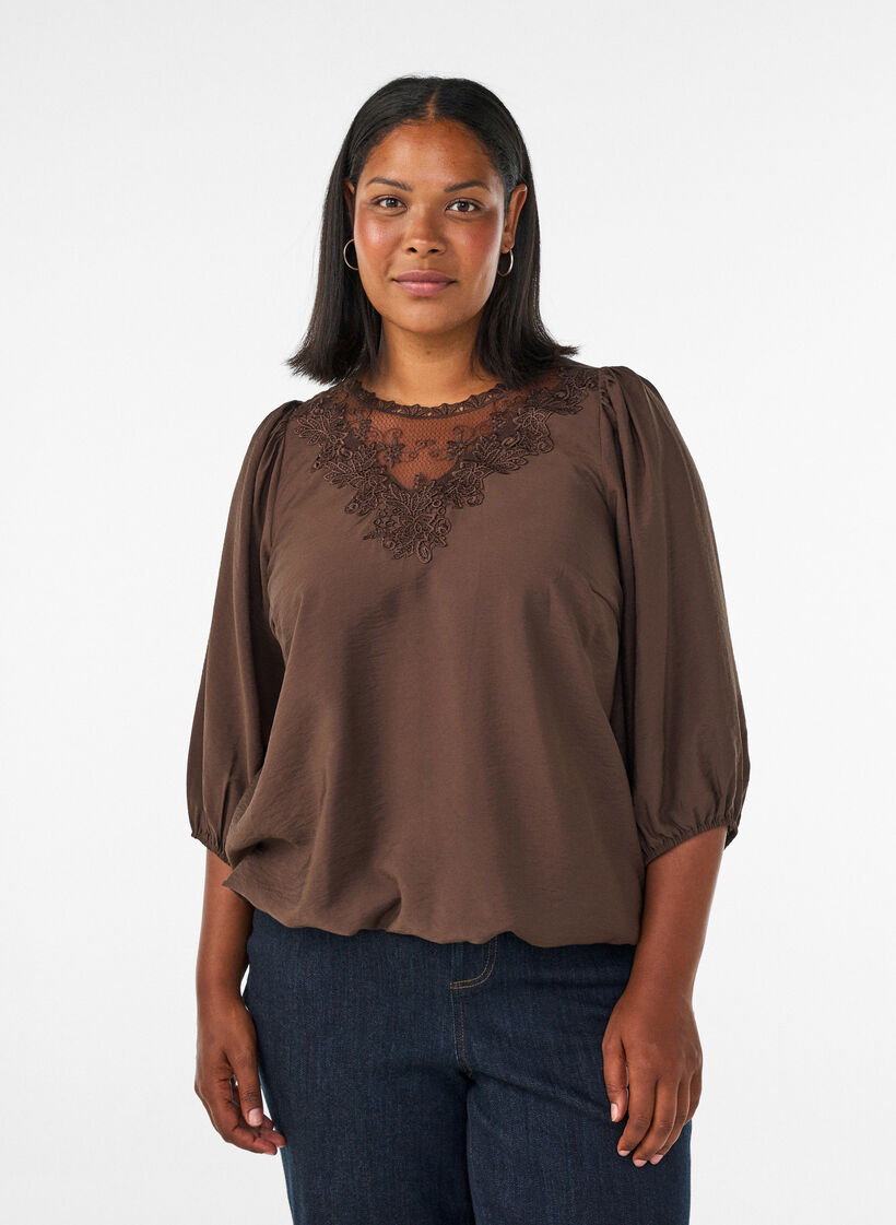 Bluse aus Spitze mit 3/4-&Auml;rmeln, Braun, Model image number 0