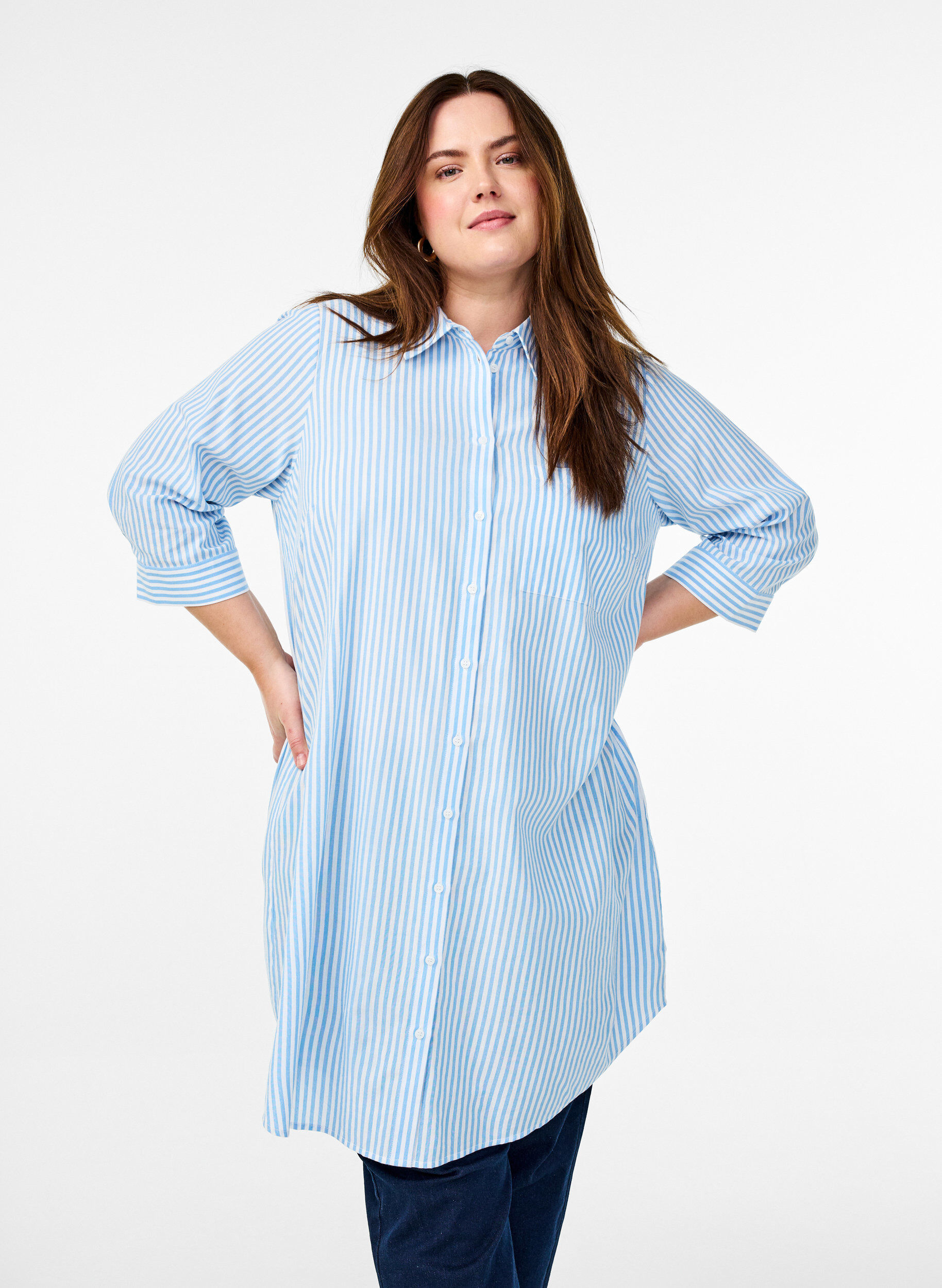 Zizzi Chemise longue &agrave; rayures avec manches 3/4, Bleu Clair, Model image number 0