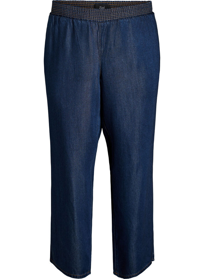Pantalon large en lyocell aspect denim, Bleu, Packshot