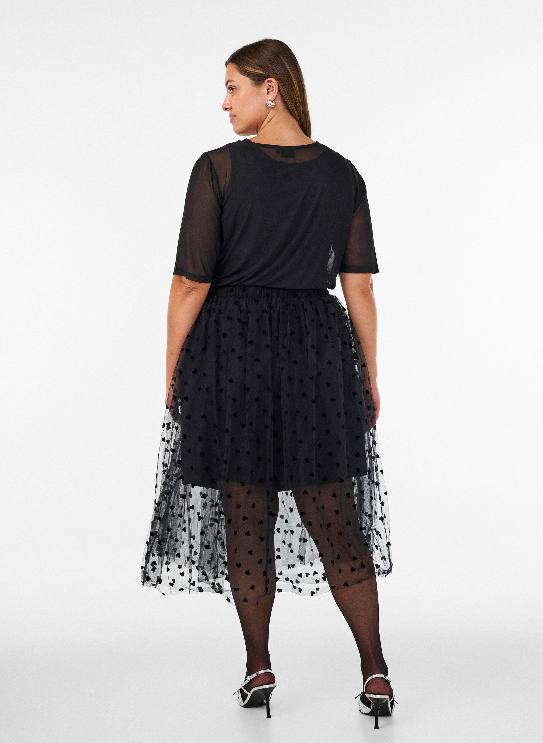 ZizziJupe midi en tulle avec des c&oelig;urs, Noir, Model image number 2