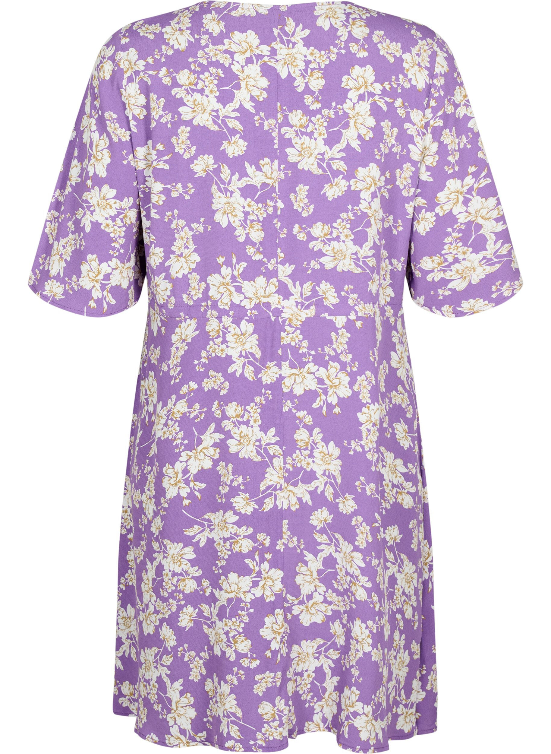 Zizzi Robe &agrave; manches 1/2 avec imprim&eacute; floral en viscose, Purple Flower AOP, Packshot image number 1