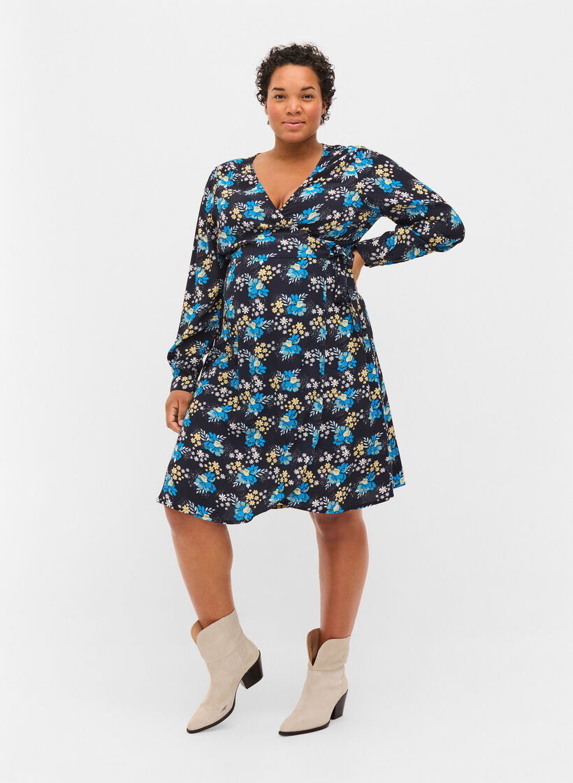 Robe cache-cœur de grossesse à fleurs en viscose, Bleu, Model image number 1
