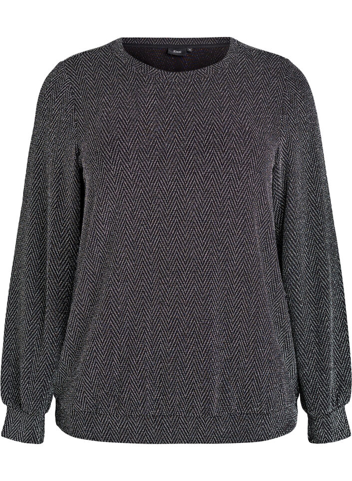 Bluse mit Fischgrätmuster und Glitzerfaden, Schwarz, Packshot image number 0