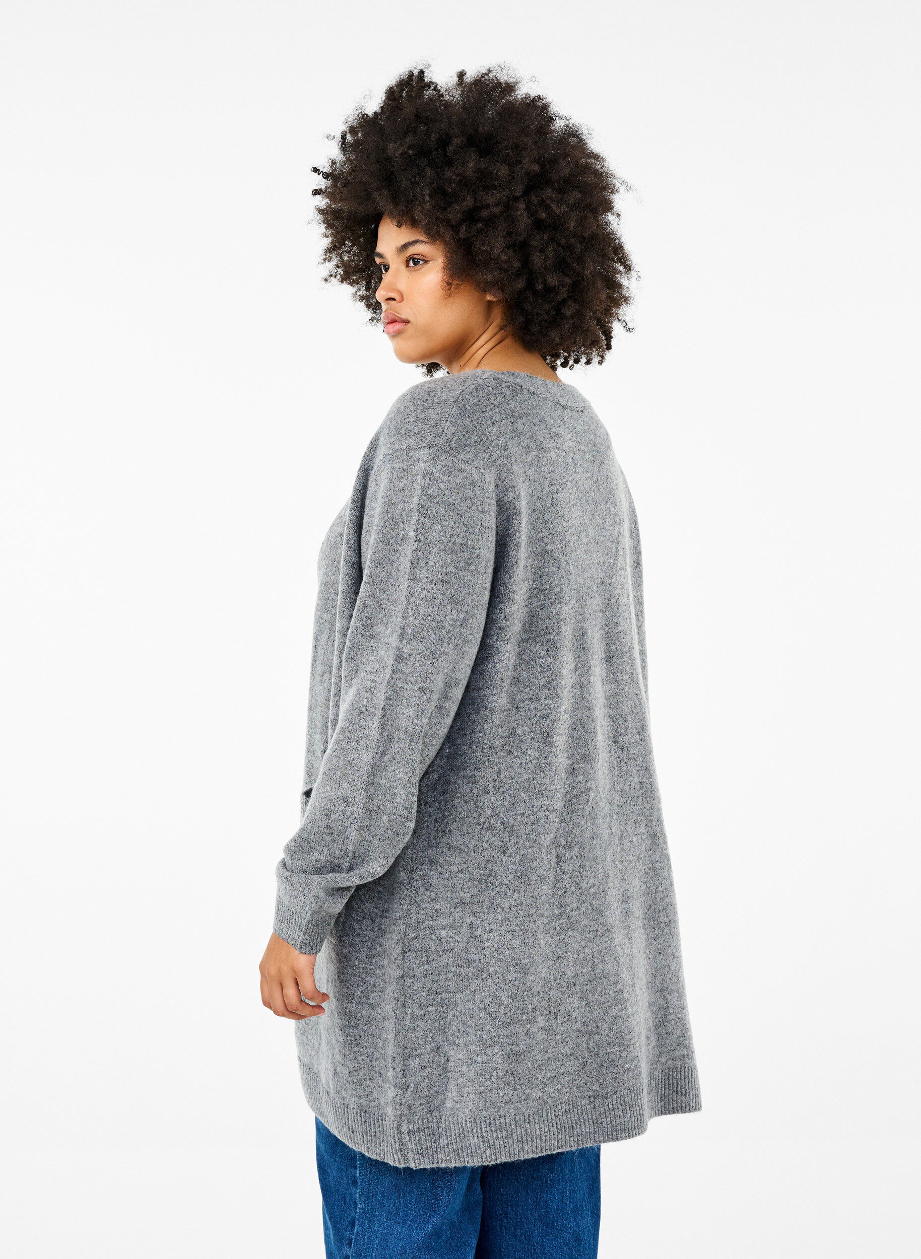 Zizzi Long cardigan tricot&eacute; avec poches, Gris, Model image number 2