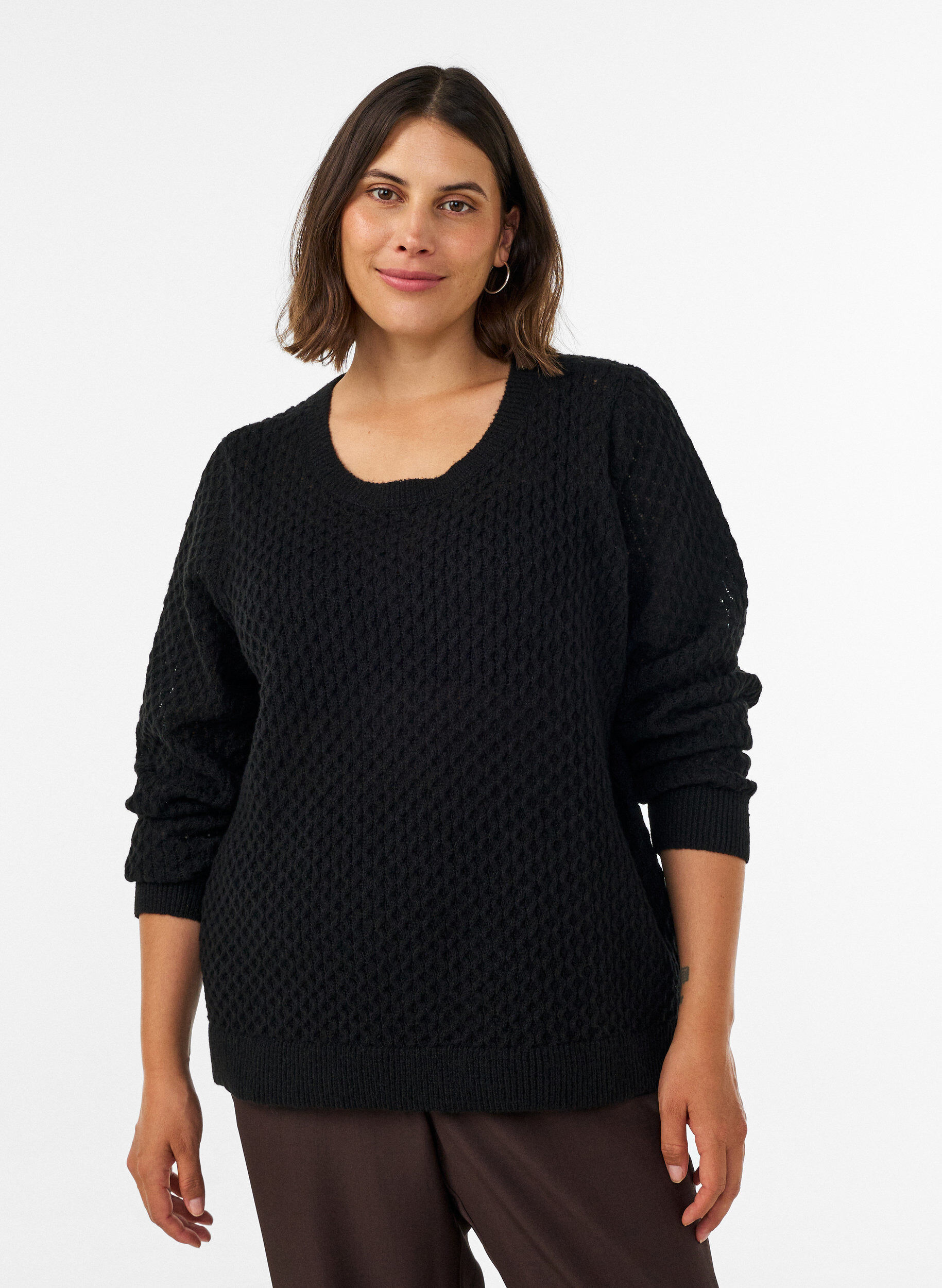 ZizziBlouse en maille avec motif ajour&eacute; textur&eacute;, Noir, Model image number 0