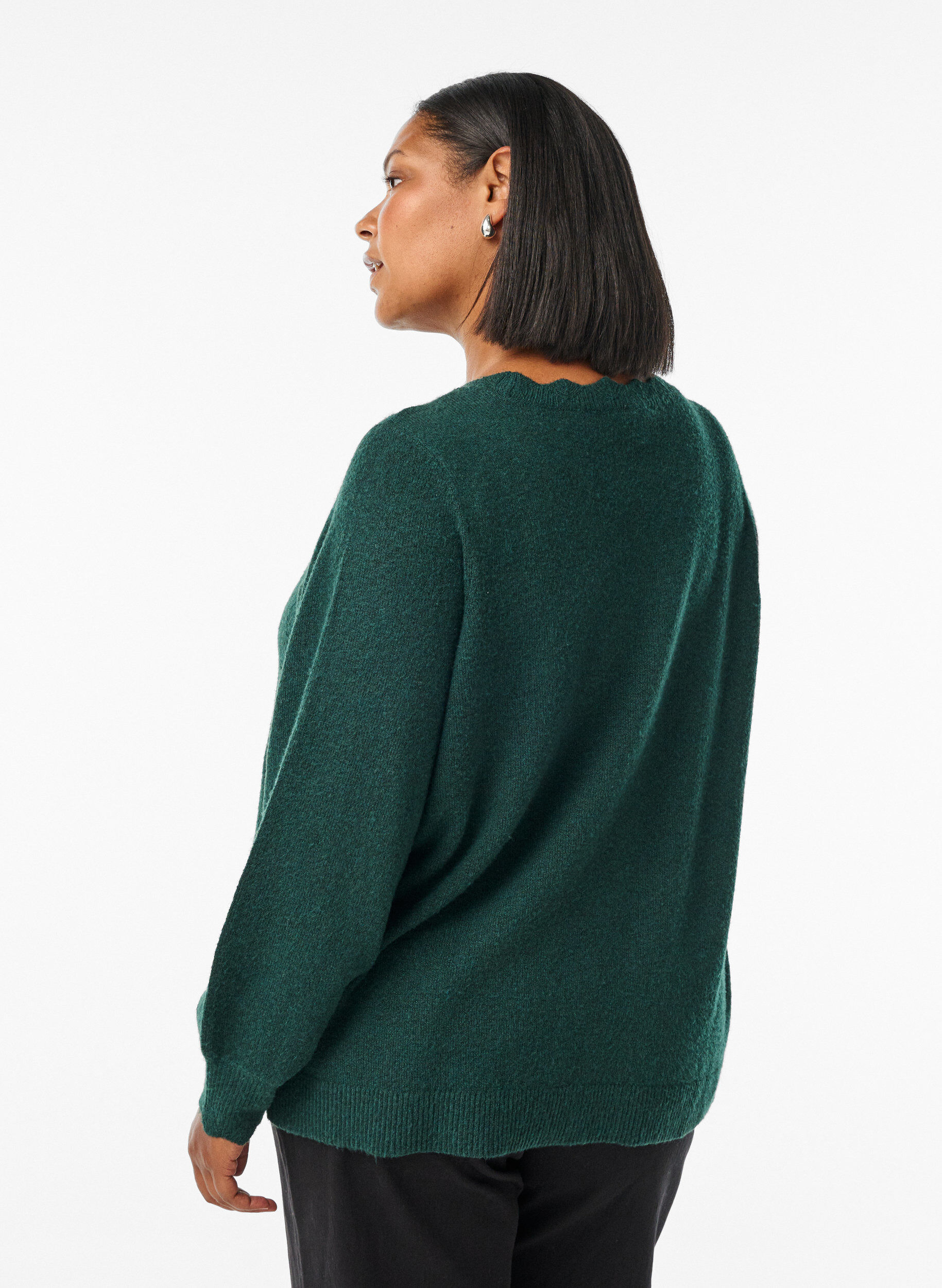 Zizzi Blouse en maille &agrave; bords ondul&eacute;s, Vert fonc&eacute;, Model image number 2