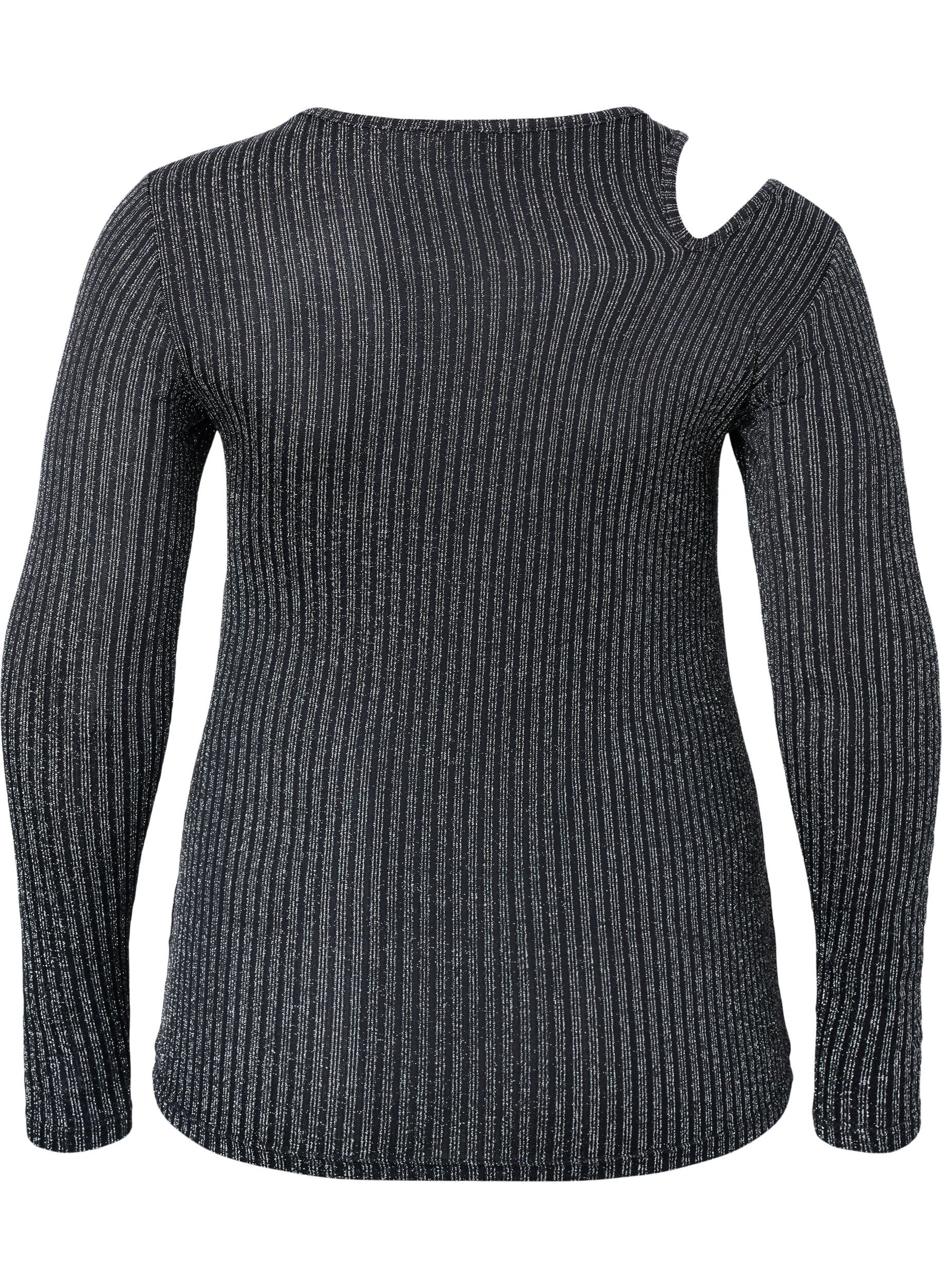 Zizzi Lang&auml;rmelige Bluse mit Glitzerausschnitt, B. w. Silver Stripes, Packshot image number 1