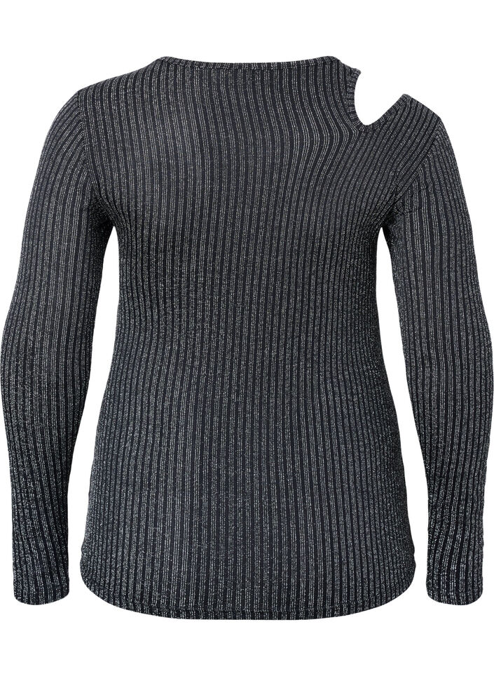 Langärmelige Bluse mit Glitzerausschnitt, B. w. Silver Stripes, Packshot image number 1