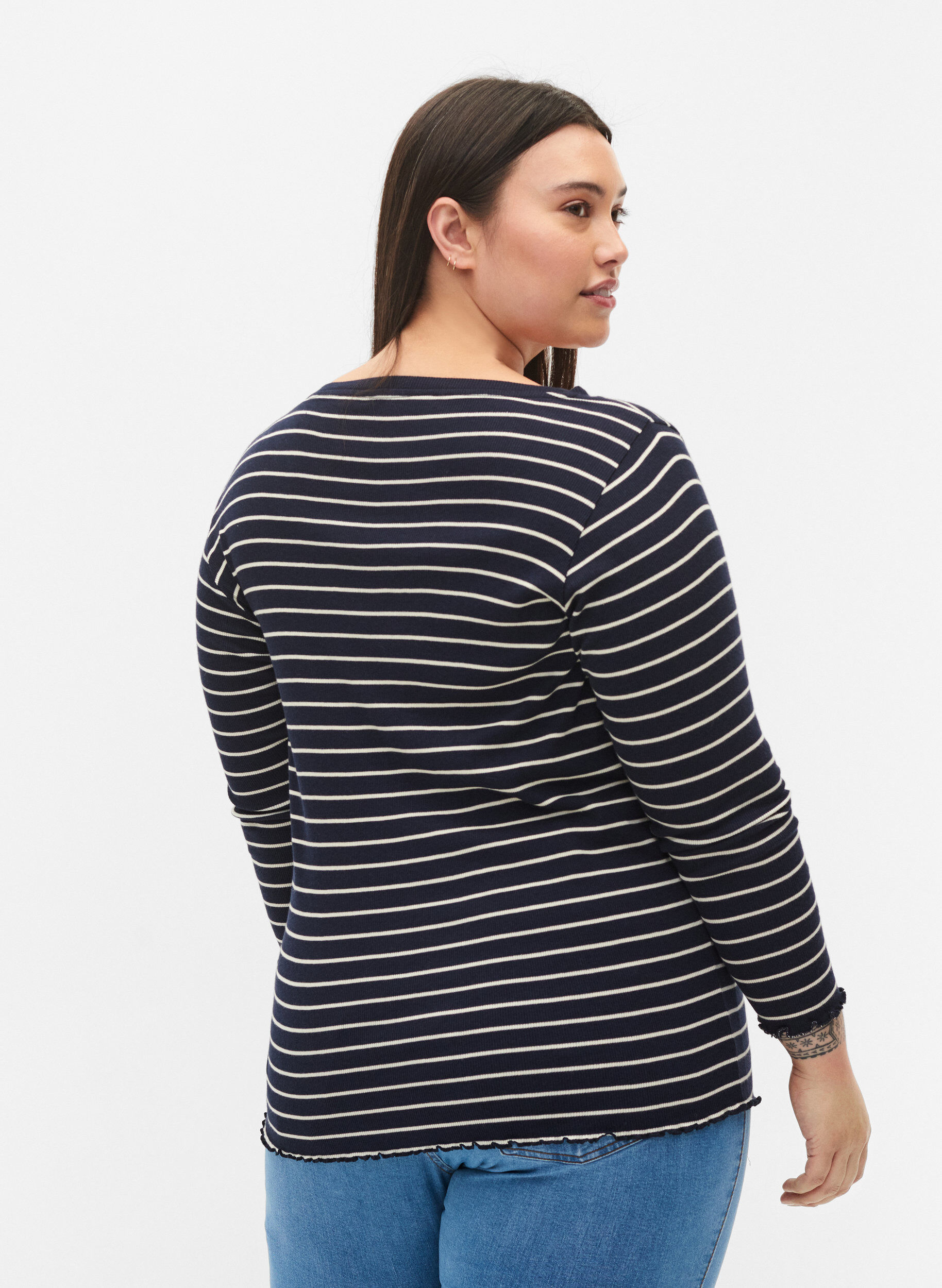 Zizzi Gestreifte Bluse mit Rundhals, Night Sky Stripe, Model image number 1