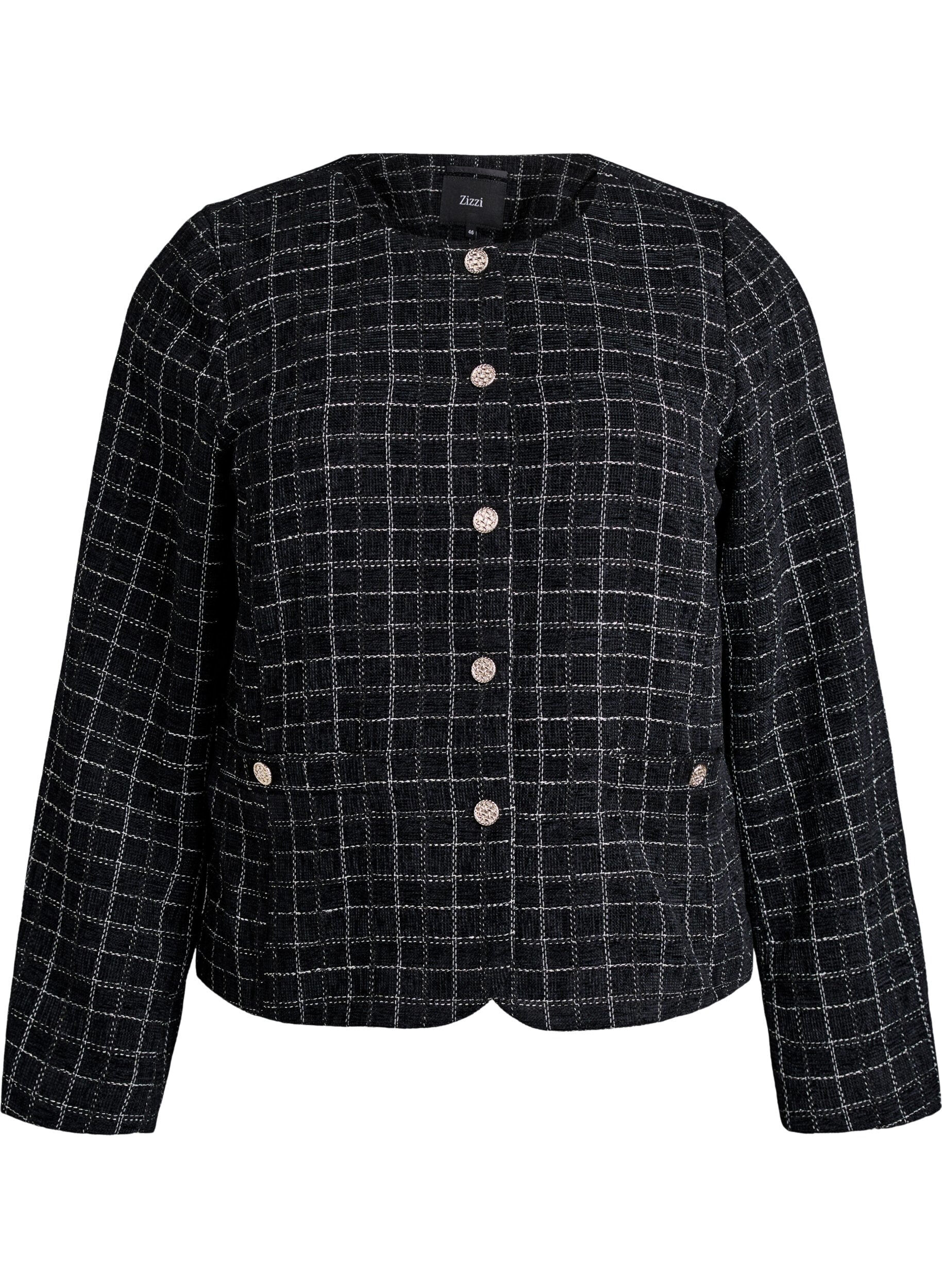 Kurzer karierter Boucl&eacute;-Blazer mit Rundhalsausschnitt