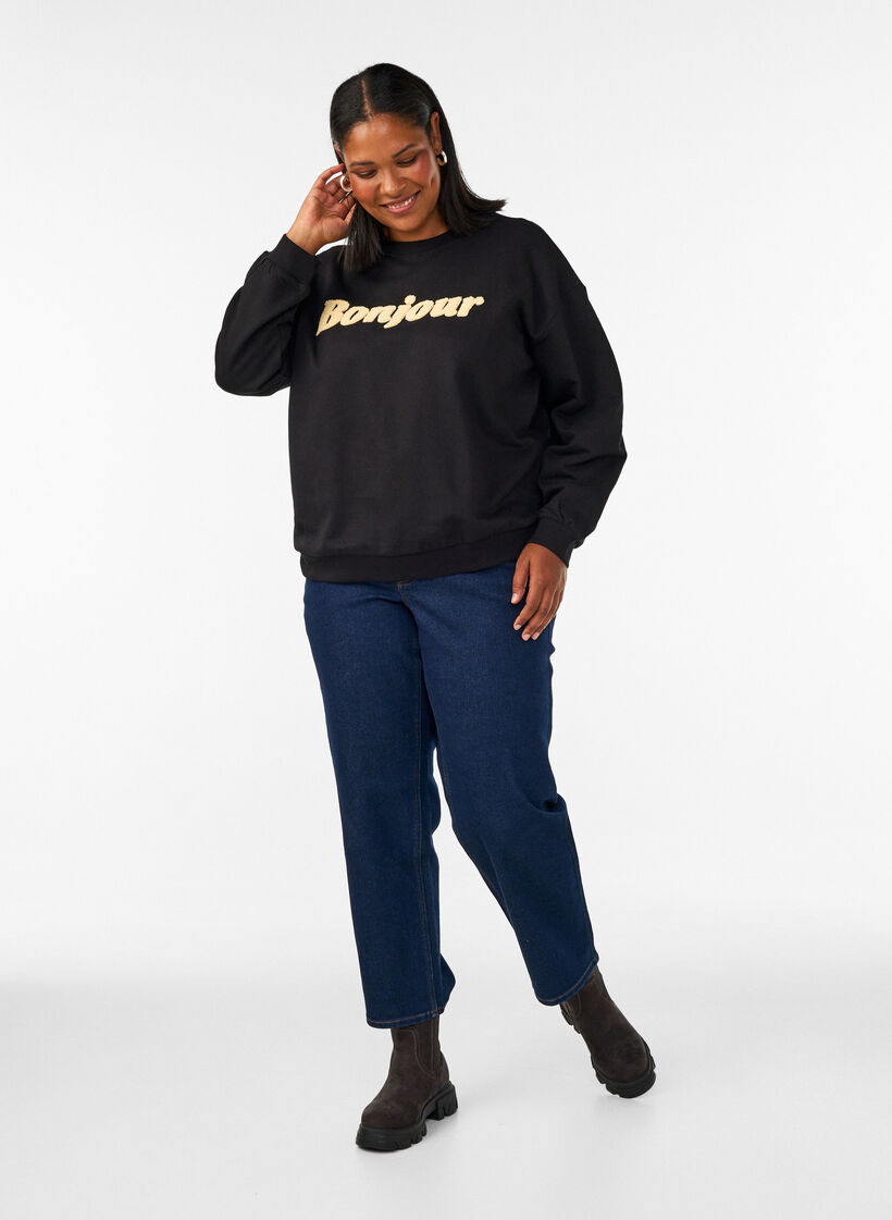 Sweatshirt mit Boucl&eacute;-Textmotiv, Schwarz, Model image number 1