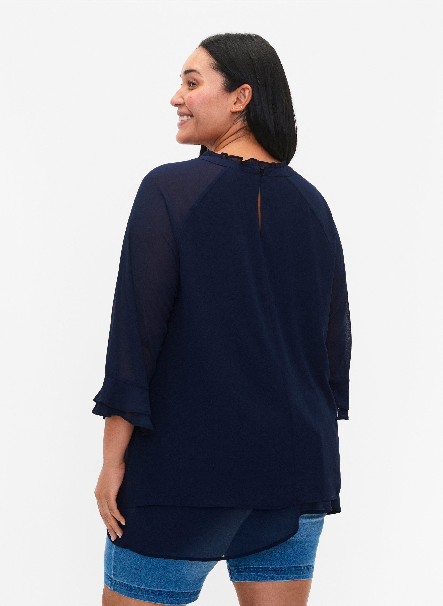 Zizzi Bluse mit asymmetrischem Saum und 3/4 &Auml;rmeln, Navy Blazer, Model image number 1