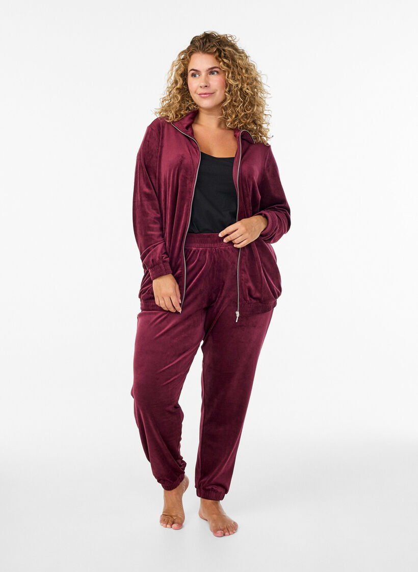 Cardigan en velours avec fermeture &eacute;clair et col montant, Bordeaux fonc&eacute;, Model image number 1