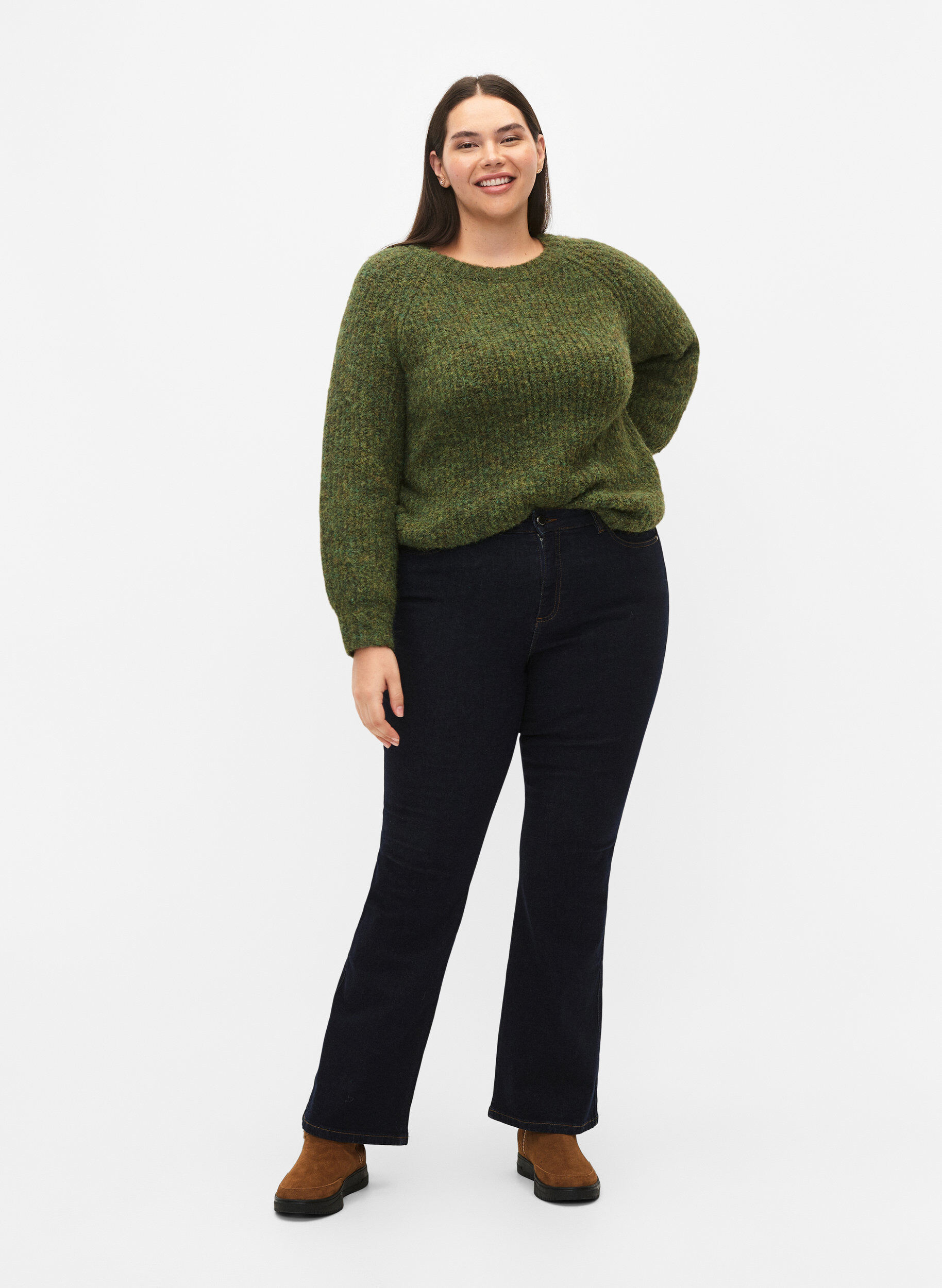 Zizzi Pull en tricot avec de la laine et des manches raglan, Winter Moss, Model image number 2