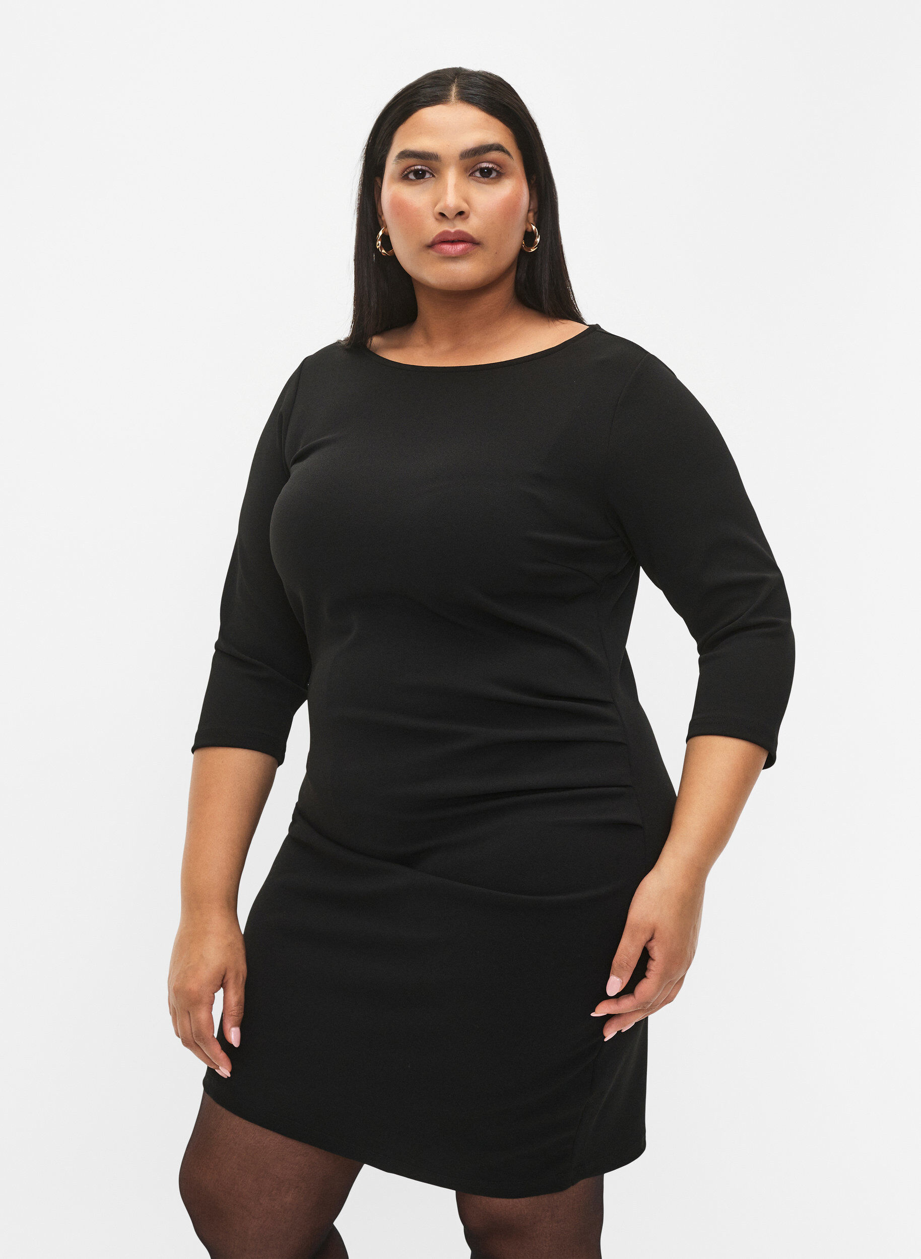 Zizzi Kleid mit Drapierung und 3/4-&Auml;rmeln, Black, Model image number 0