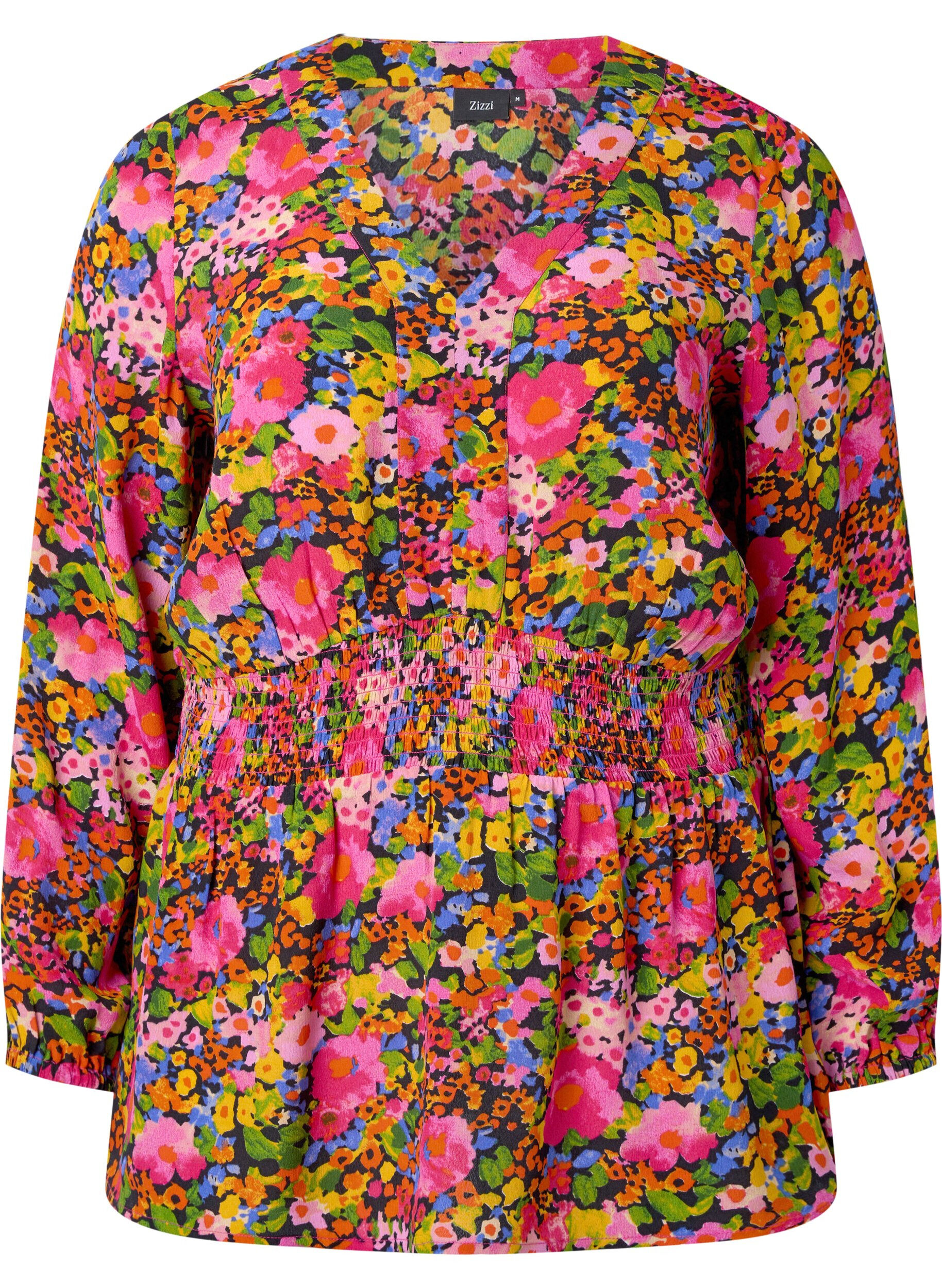 Zizzi Viskosebluse mit Blumendruck und Smock, Neon Flower Print, Packshot image number 0