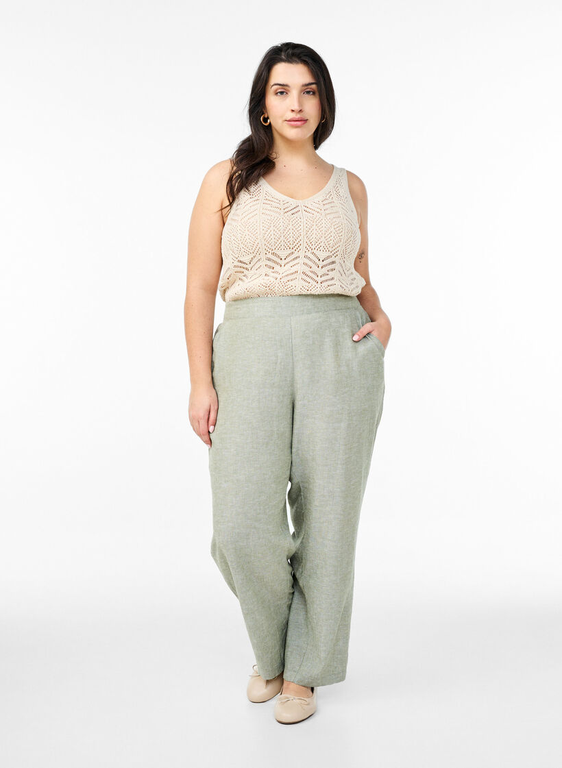 Pantalon ample en lin et viscose, Vert, Model image number 0