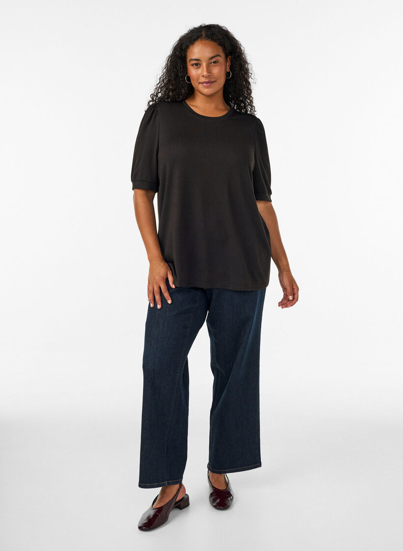 Bluse mit Knopfdetail und kurzen Puff&auml;rmeln, Schwarz, Model image number 1