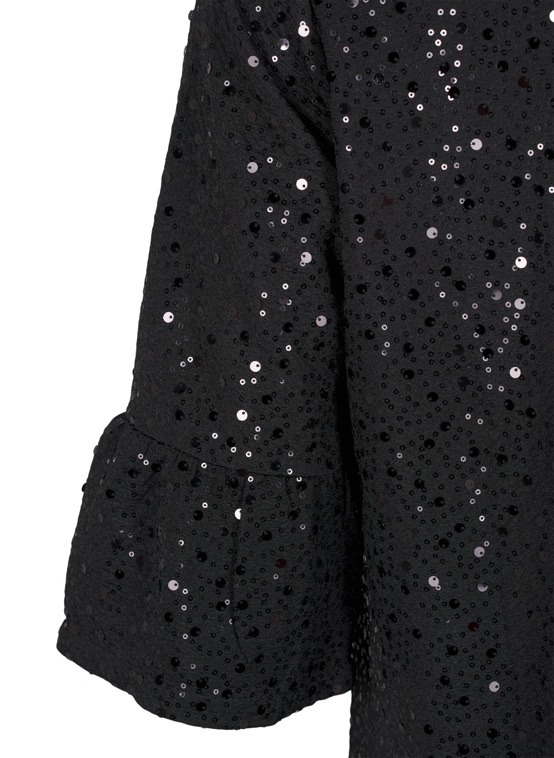 Zizzi Paillettenkleid mit V-Ausschnitt und 3/4-&Auml;rmeln, Black w. Bl. Sequins, Packshot image number 3