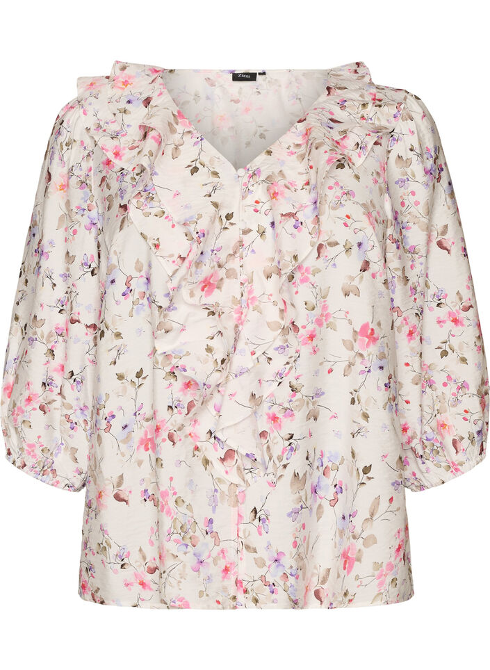 Blouse en viscose &agrave; imprim&eacute; floral et manches 3/4, Vanille, Packshot image number 0