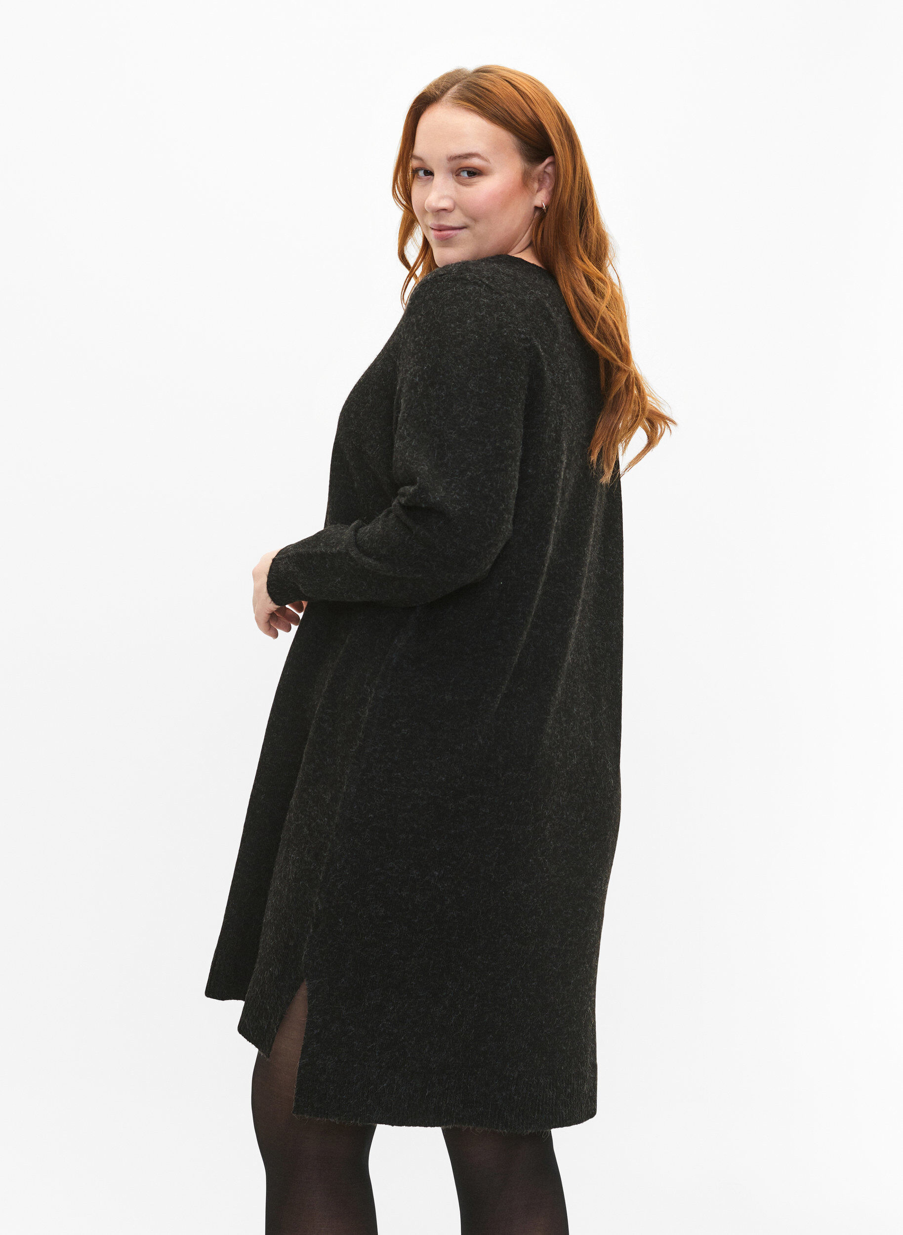 Zizzi Strickkleid mit Schlitz, Dark Grey Melange, Model image number 1