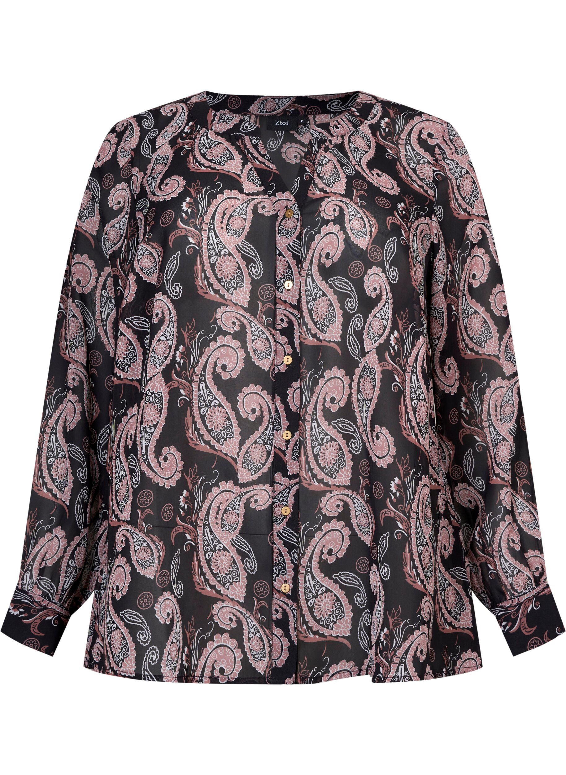 Zizzi Hemdbluse mit V-Ausschnitt und Print, Black/Beige Paisley, Packshot image number 0