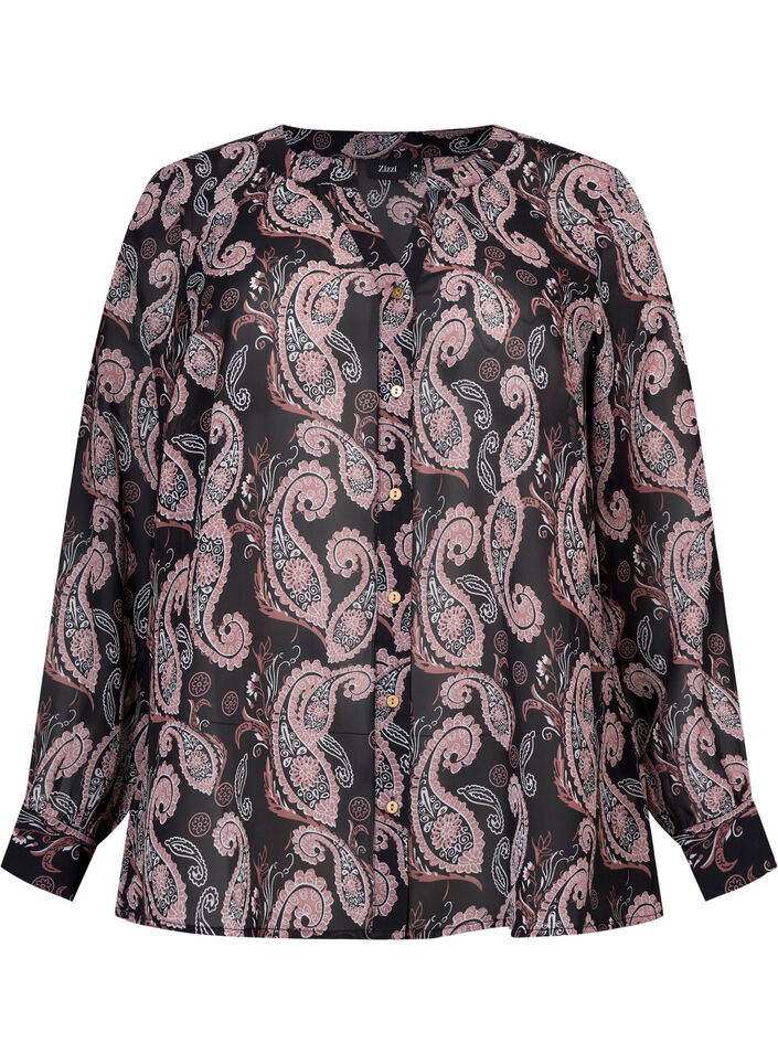 Chemise col V et imprimé, Black/Beige Paisley, Packshot image number 0