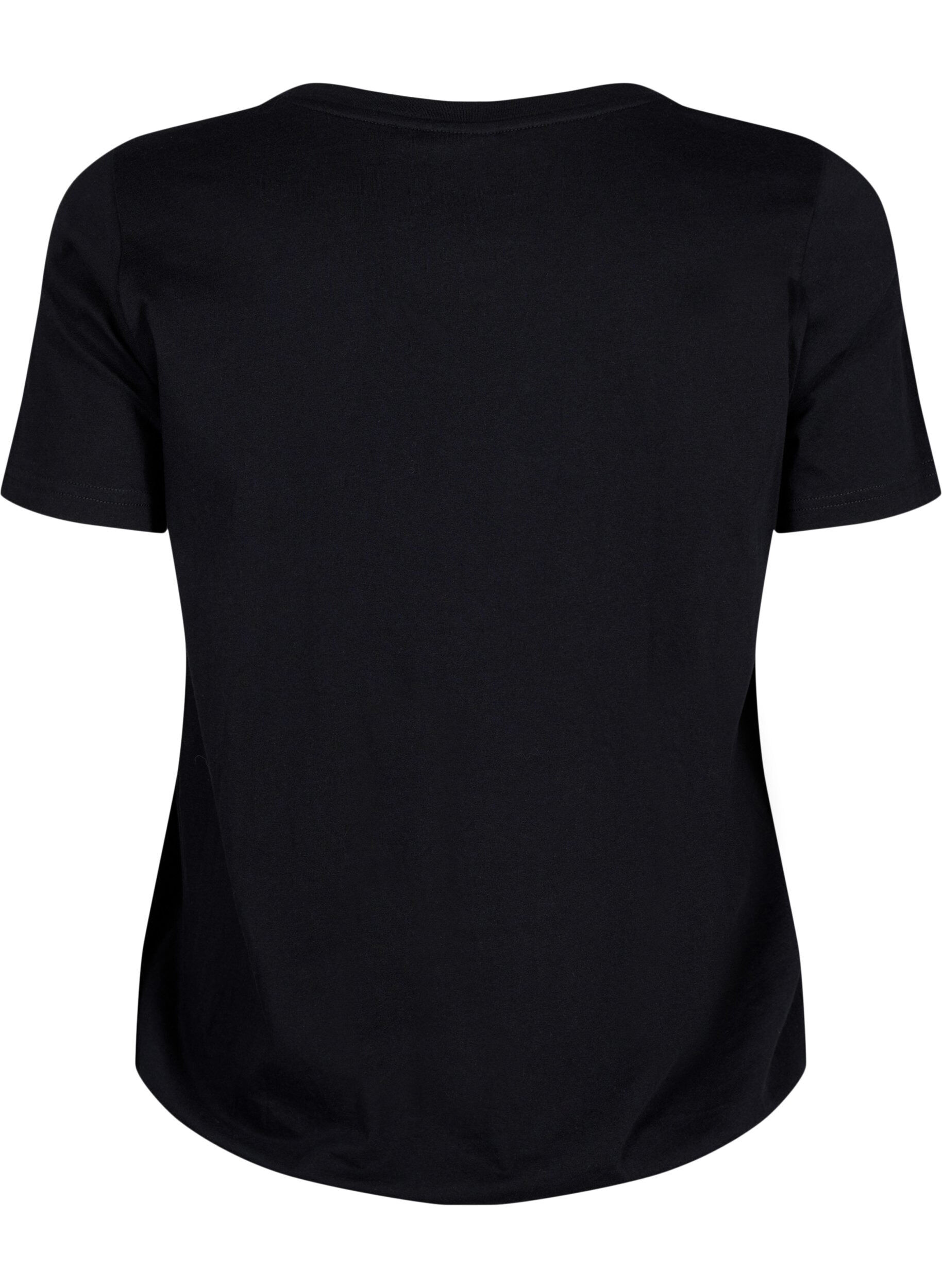 Zizzi T-shirt en coton &agrave; manches courtes avec bord &eacute;lastique, Black w. Live, Packshot image number 1