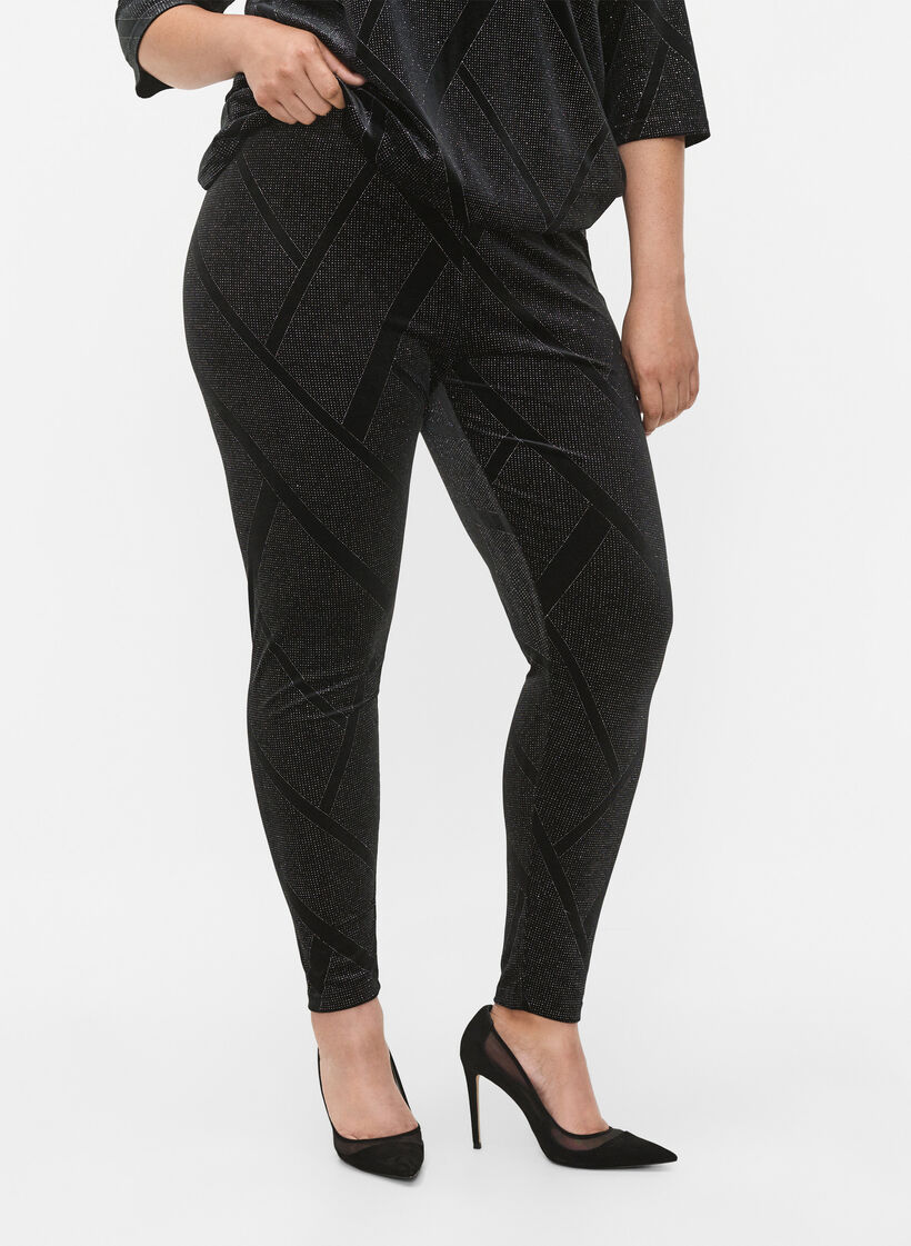 Leggings en velours brillants avec motif, Noir, Model image number 1