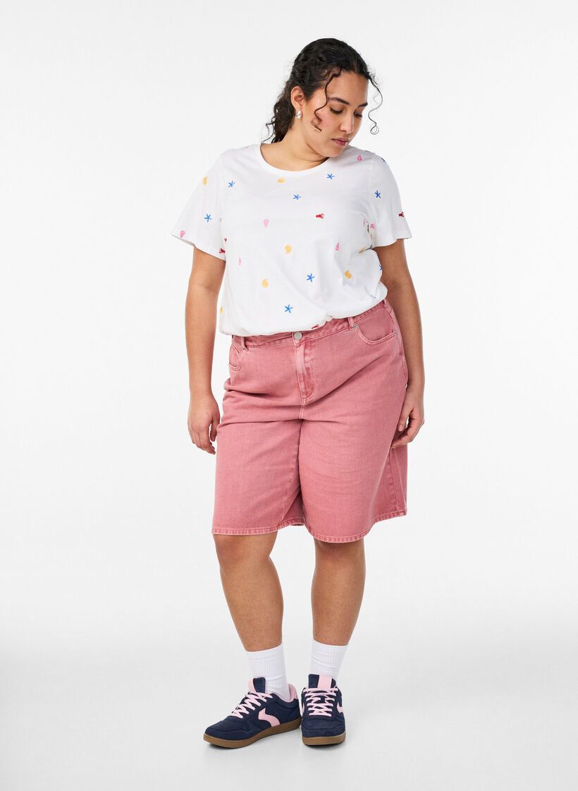 T-shirt en coton biologique avec motifs brod&eacute;s, Blanc, Model image number 1