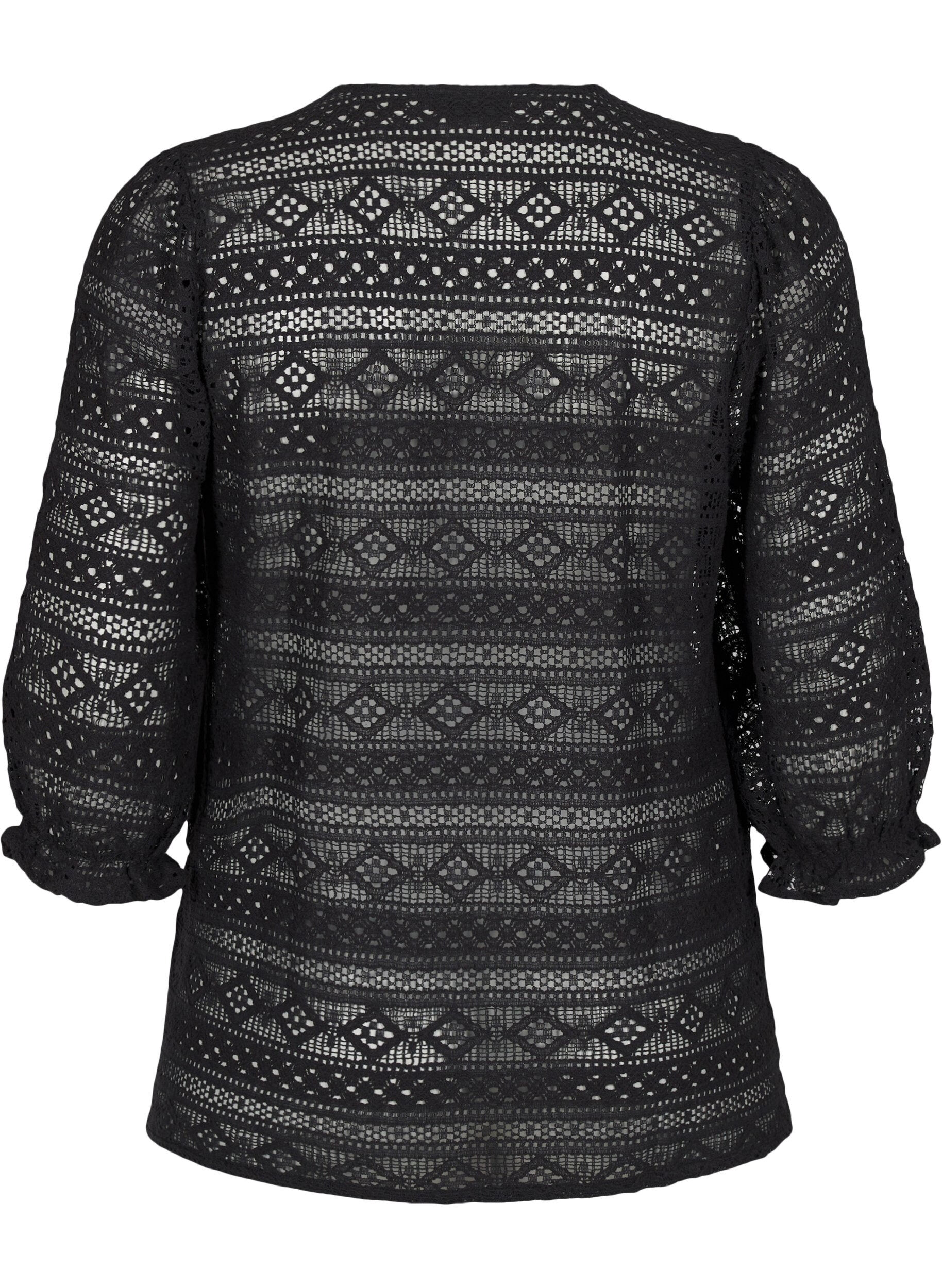 Zizzi Bluse mit Lochmuster und 3/4-&Auml;rmeln, Schwarz, Packshot image number 1