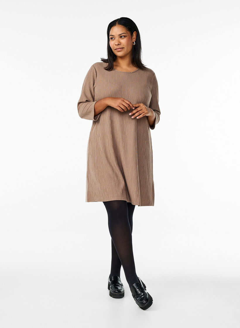 Kleid mit Struktur und 3/4-Ärmeln, Braun, Model image number 1