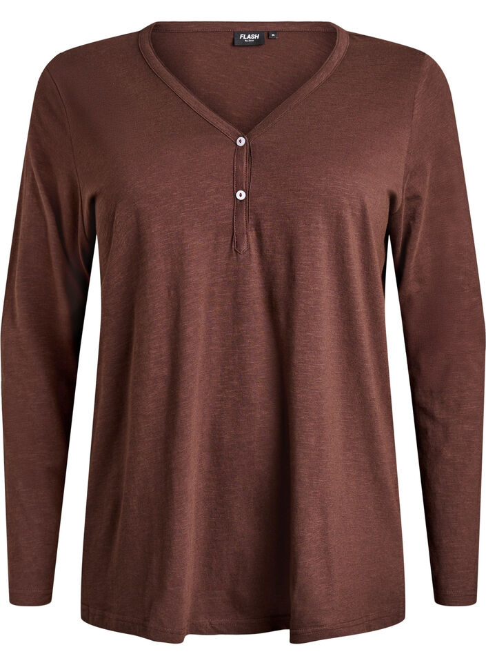 T-shirt &agrave; manches longues avec col V et boutons, Marron, Packshot image number 0