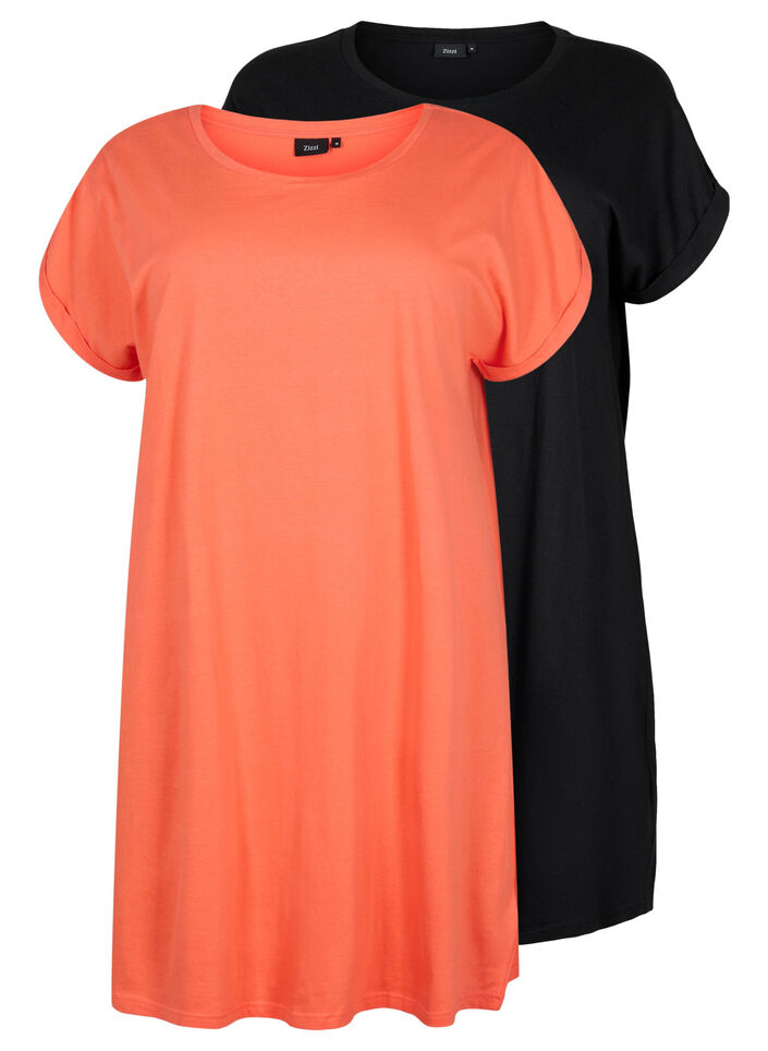 Robe en coton à manches courtes (2-pack), Living Coral / Black, Packshot image number 0