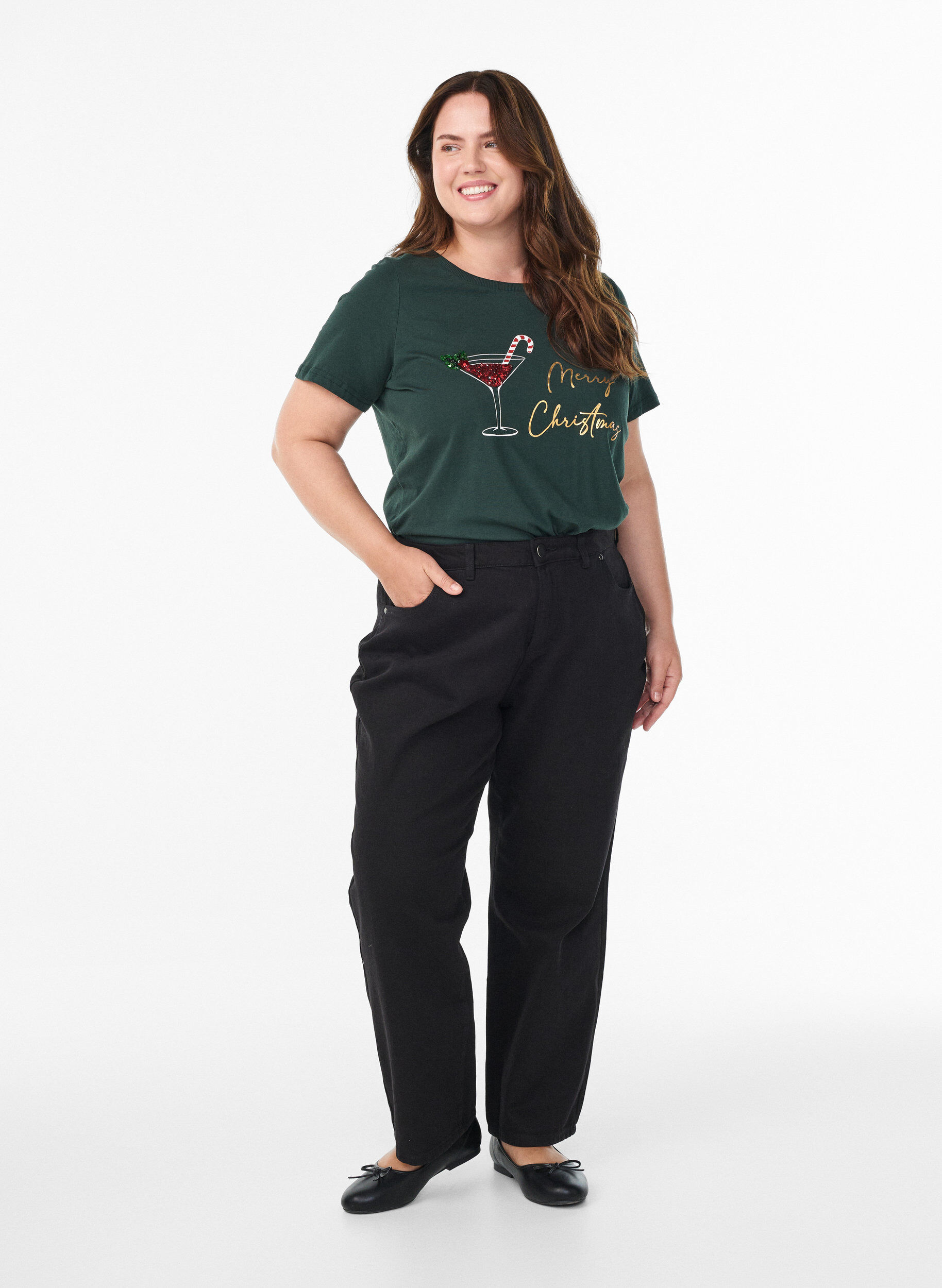 Zizzi Weihnachts-T-Shirt aus Bio-Baumwolle, Gr&uuml;n, Model image number 1