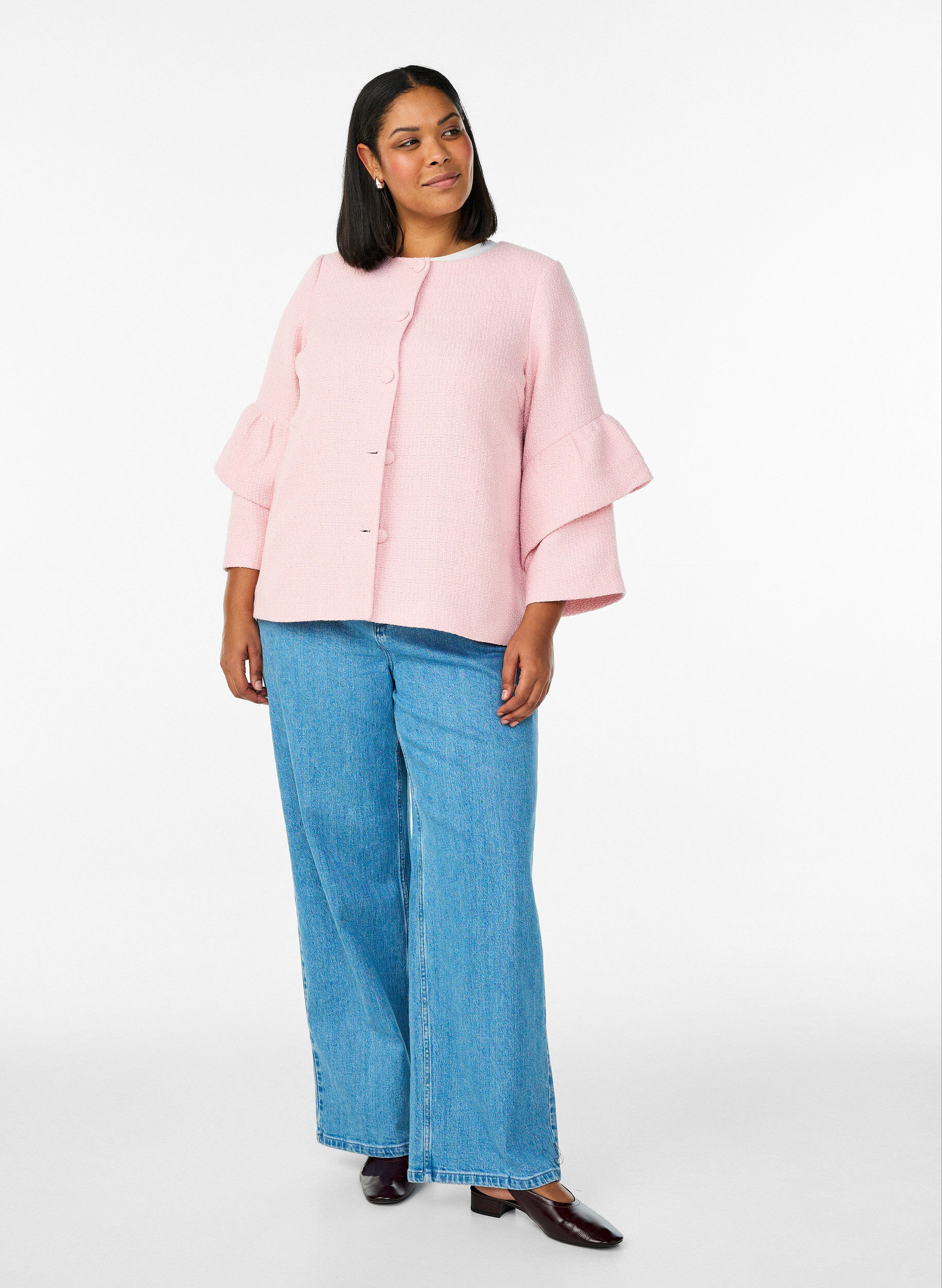 ZizziJacke aus Boucl&eacute; mit R&uuml;schendetails, Pink, Model image number 1