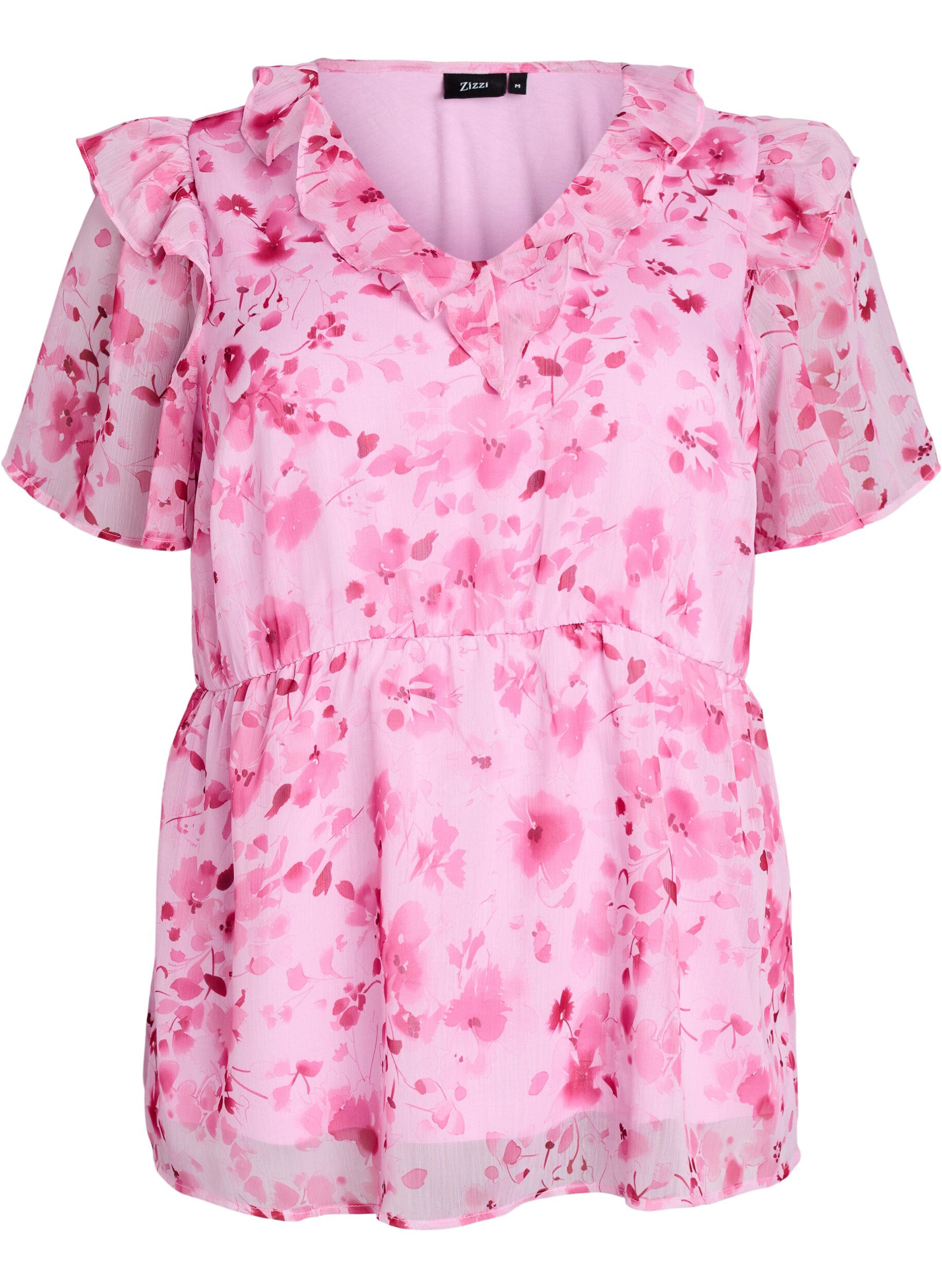 Zizzi Gebl&uuml;mte Bluse mit R&uuml;schenkragen und Peplum-Effekt, Pink, Packshot image number 0