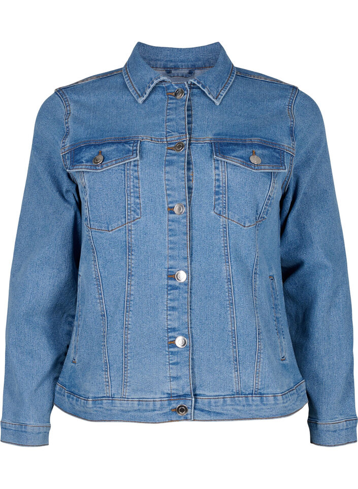 Veste en jean en m&eacute;lange de coton extensible, Bleu, Packshot image number 0