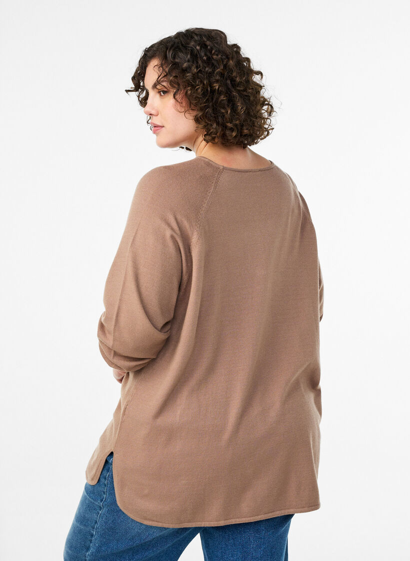 Blouse en maille &agrave; col rond et motif tricot&eacute;, Marron, Model image number 2