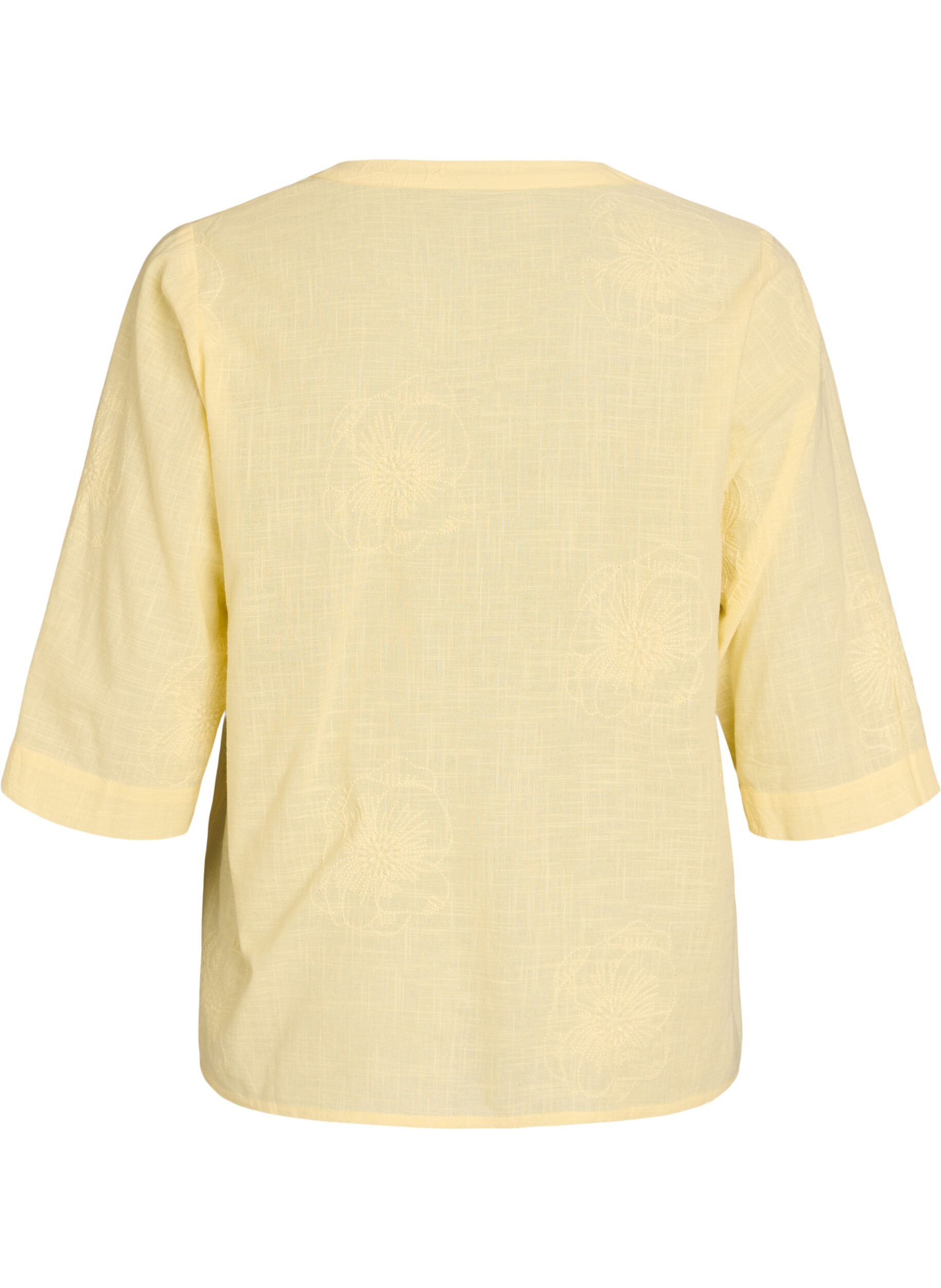 ZizziBlouse en coton avec d&eacute;tails brod&eacute;s et manches 3/4, Jaune clair, Packshot image number 1