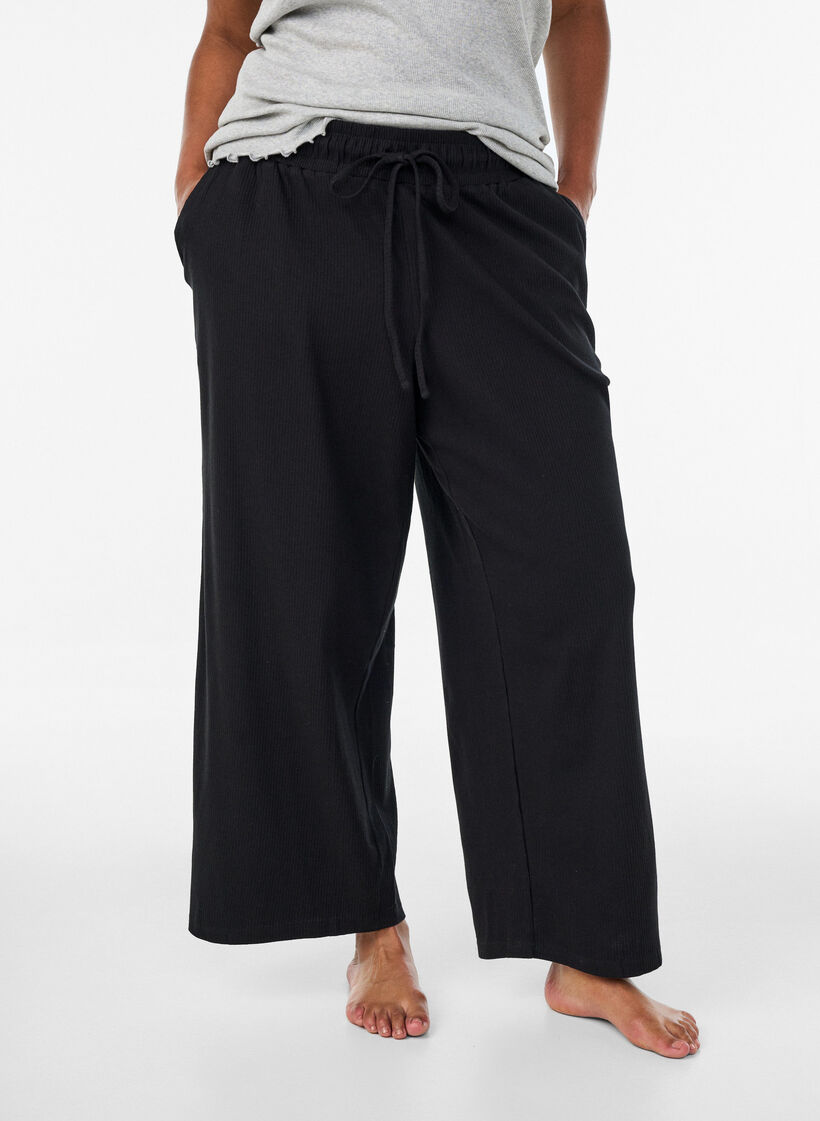 Gerippte Pyjamahose mit geraden Beinen, Schwarz, Model image number 1