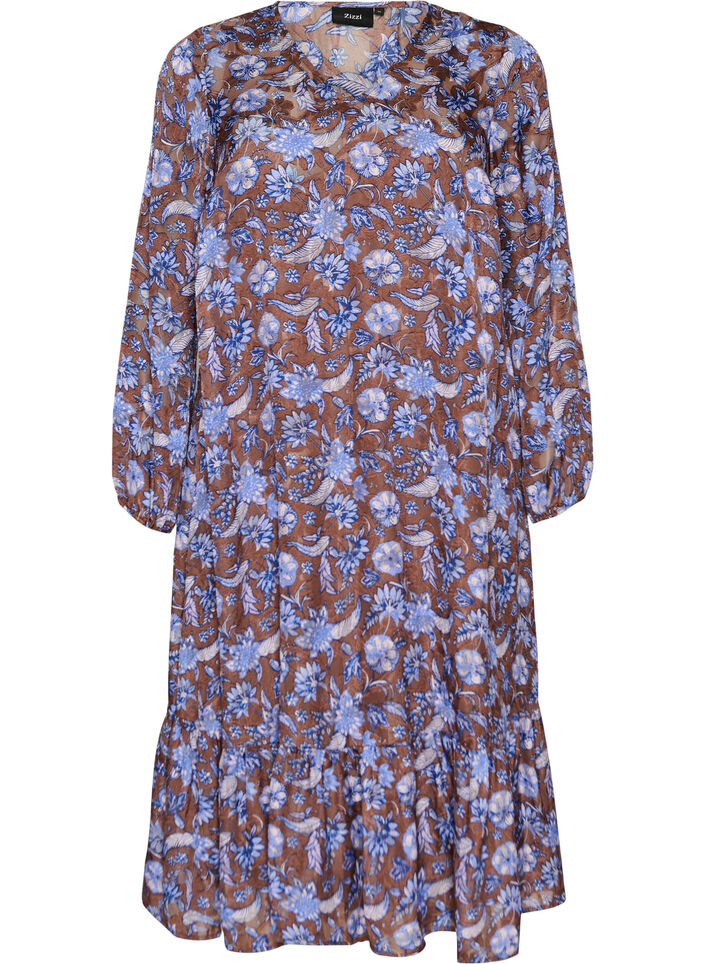Robe midi &agrave; imprim&eacute; floral avec ourlet &agrave; volants, Marron, Packshot image number 0