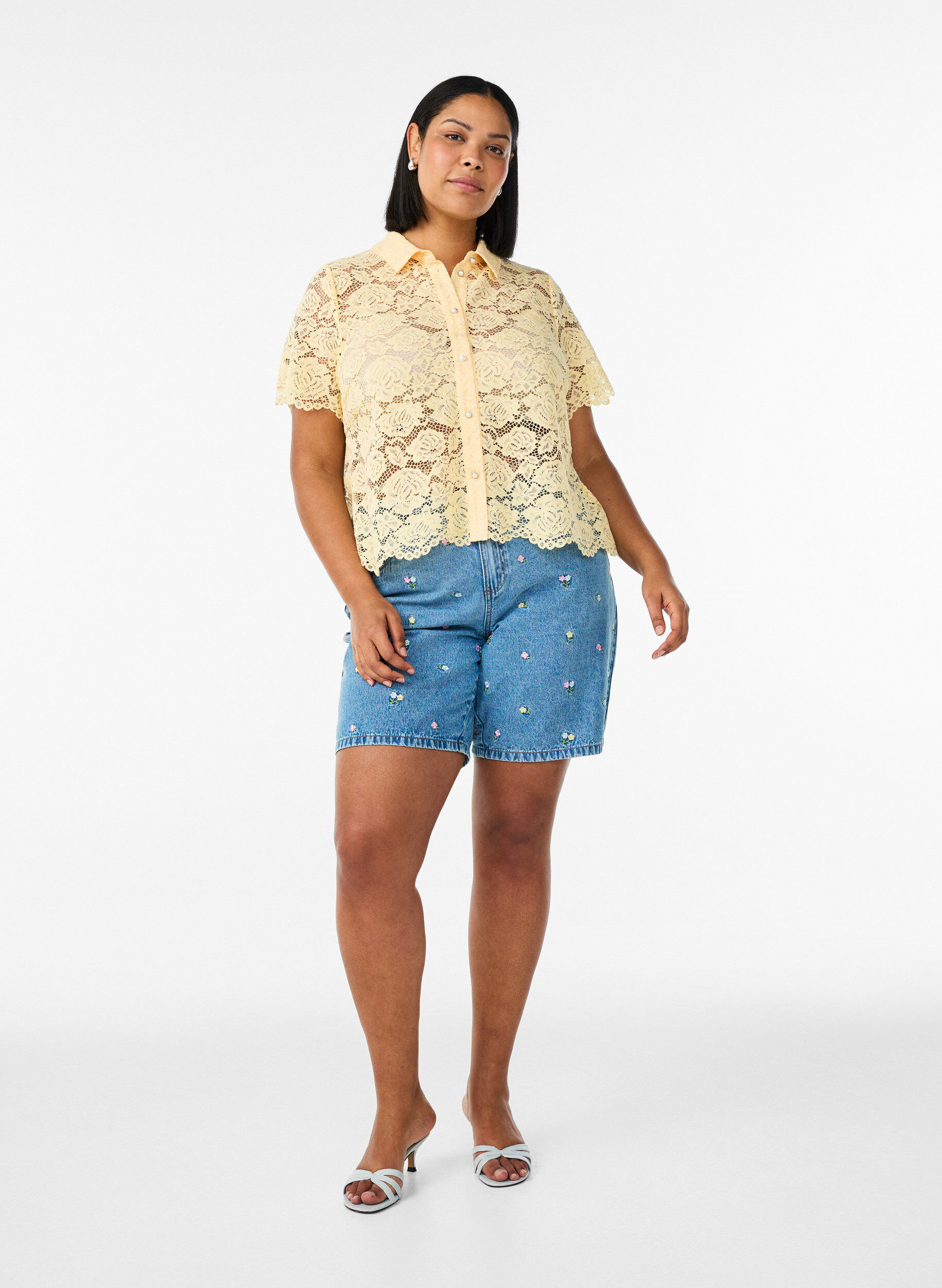 ZizziSpitzen blusenshirt mit perlenkn&ouml;pfen, Gelb, Model image number 1