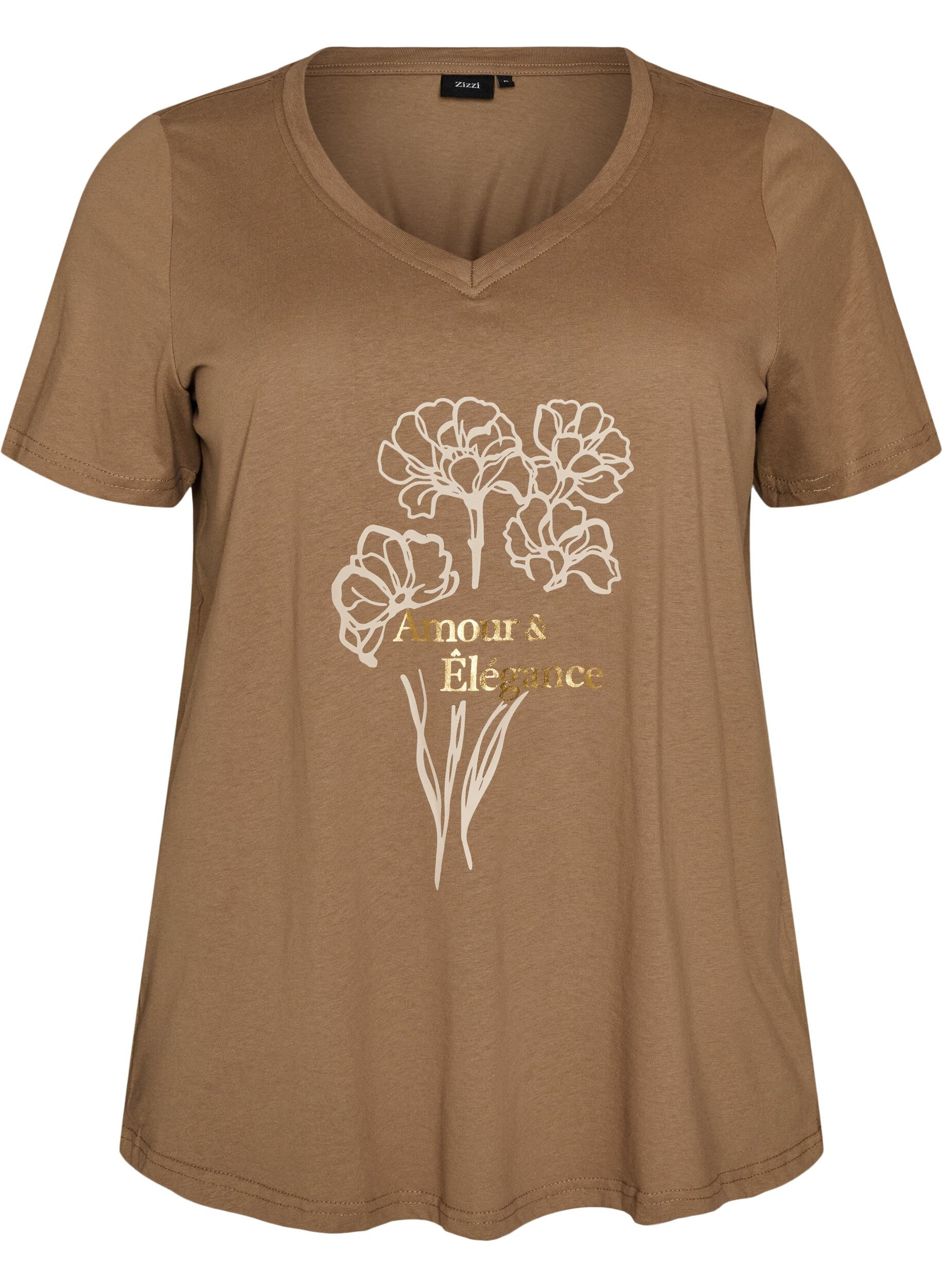ZizziCotton T-shirt with front print and V-neck, Brown, Packshot image number 0