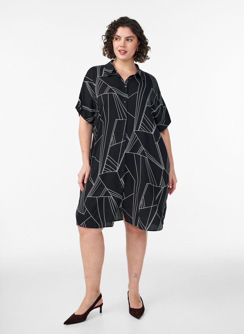 Chemise longue ample en viscose, Noir, Model image number 1