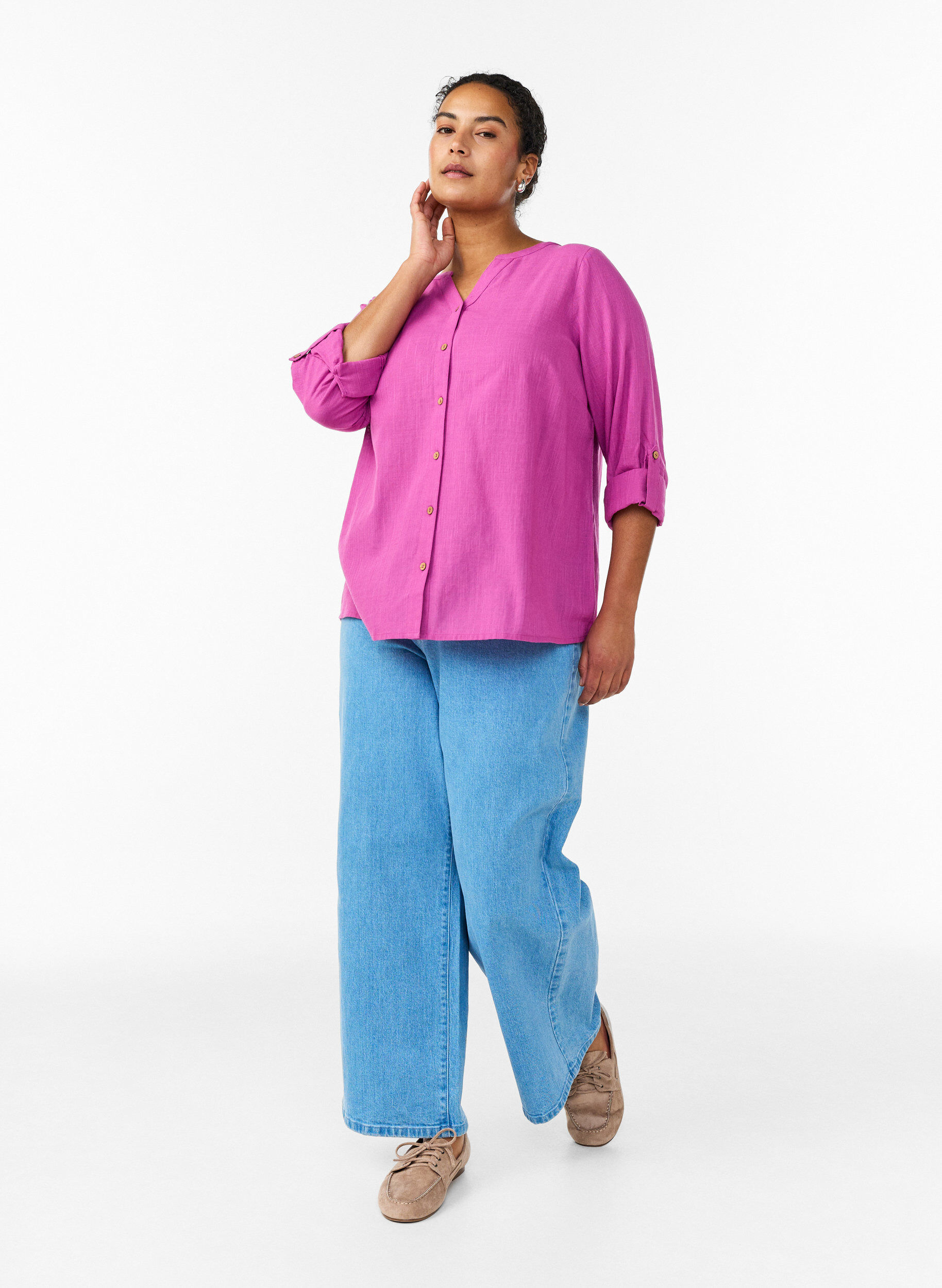 Zizzi Hemdbluse aus Baumwolle mit V-Ausschnitt, Pink, Model image number 1