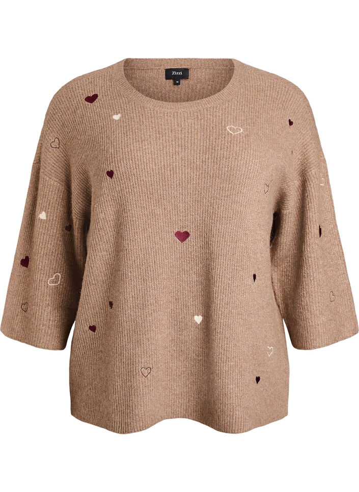 Pullover mit Herzen und 3/4-&Auml;rmeln, Braun, Packshot image number 0