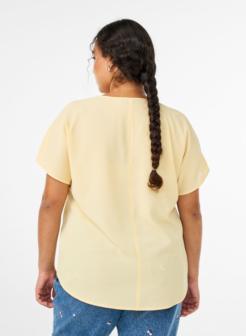 Bluse mit kurzen &Auml;rmeln und Rundhalsausschnitt, Gelb, Model image number 2