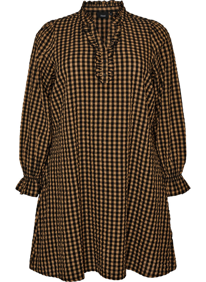 Robe &agrave; carreaux en coton avec volants, Marron, Packshot image number 0