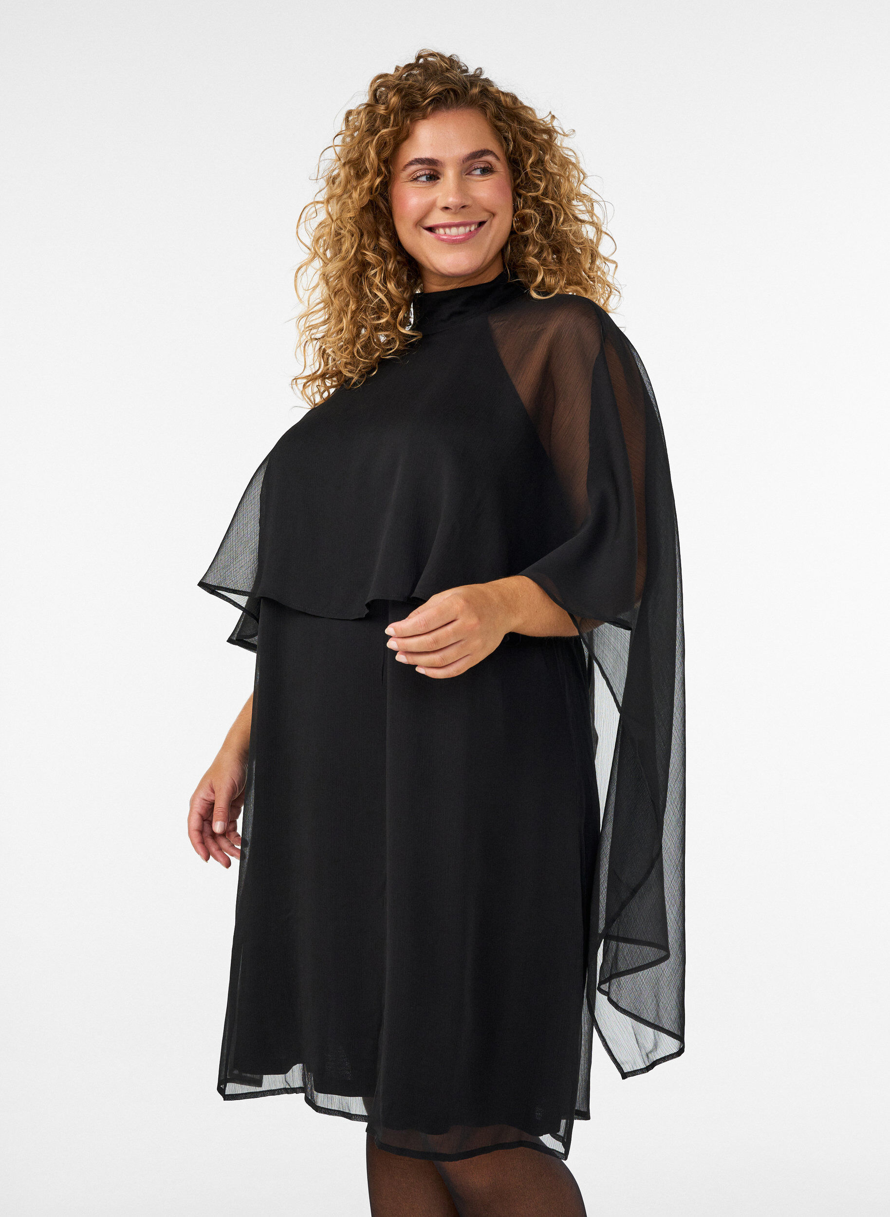 ZizziRobe mi-longue en mousseline avec cape transparente, Noir, Model image number 0